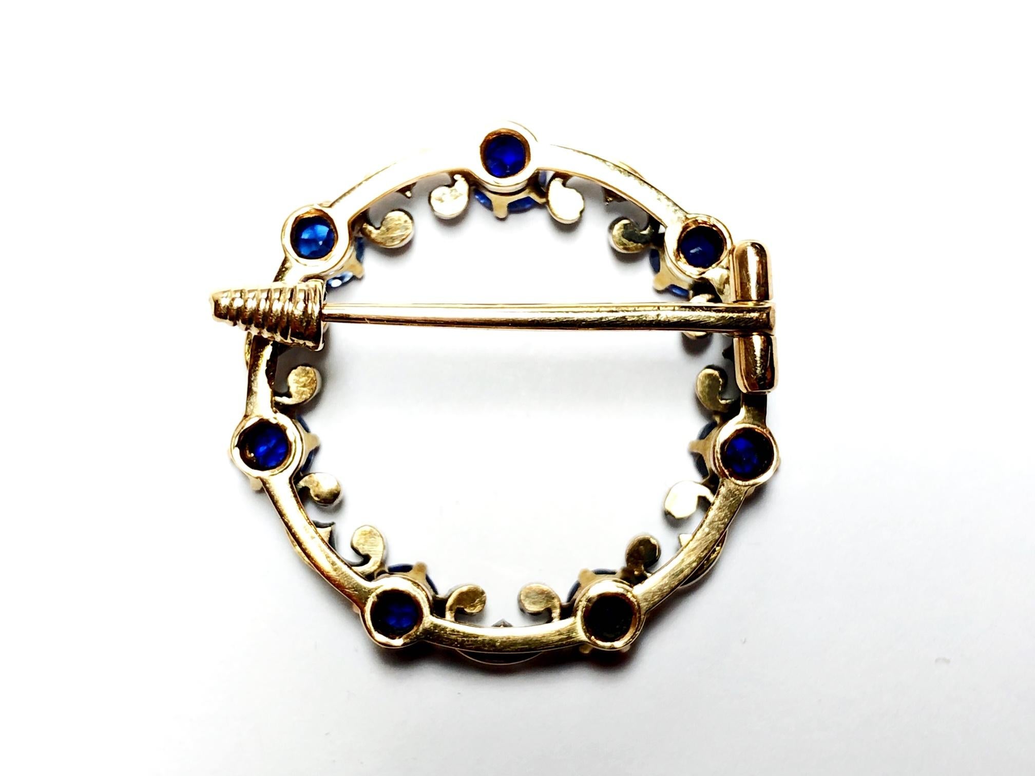 Round Cut Antique Sapphire, Diamond, Gold and Silver Circle Brooch, circa 1900 For Sale
