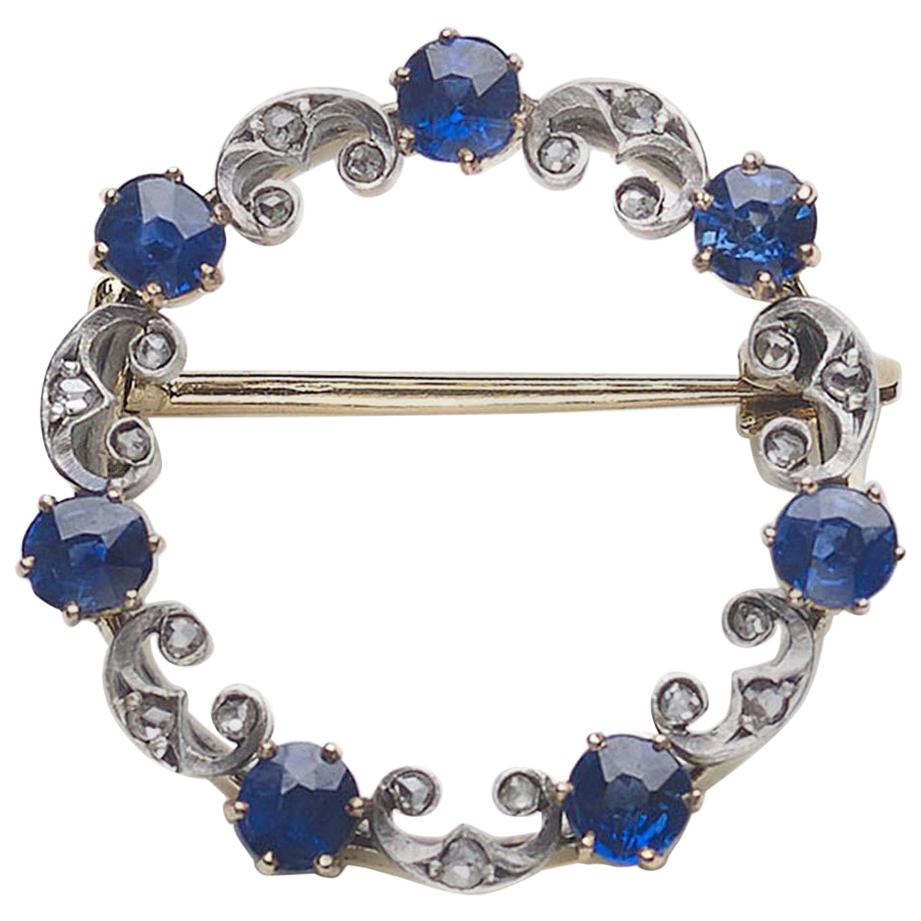 Antique Sapphire, Diamond, Gold and Silver Circle Brooch, circa 1900 For Sale