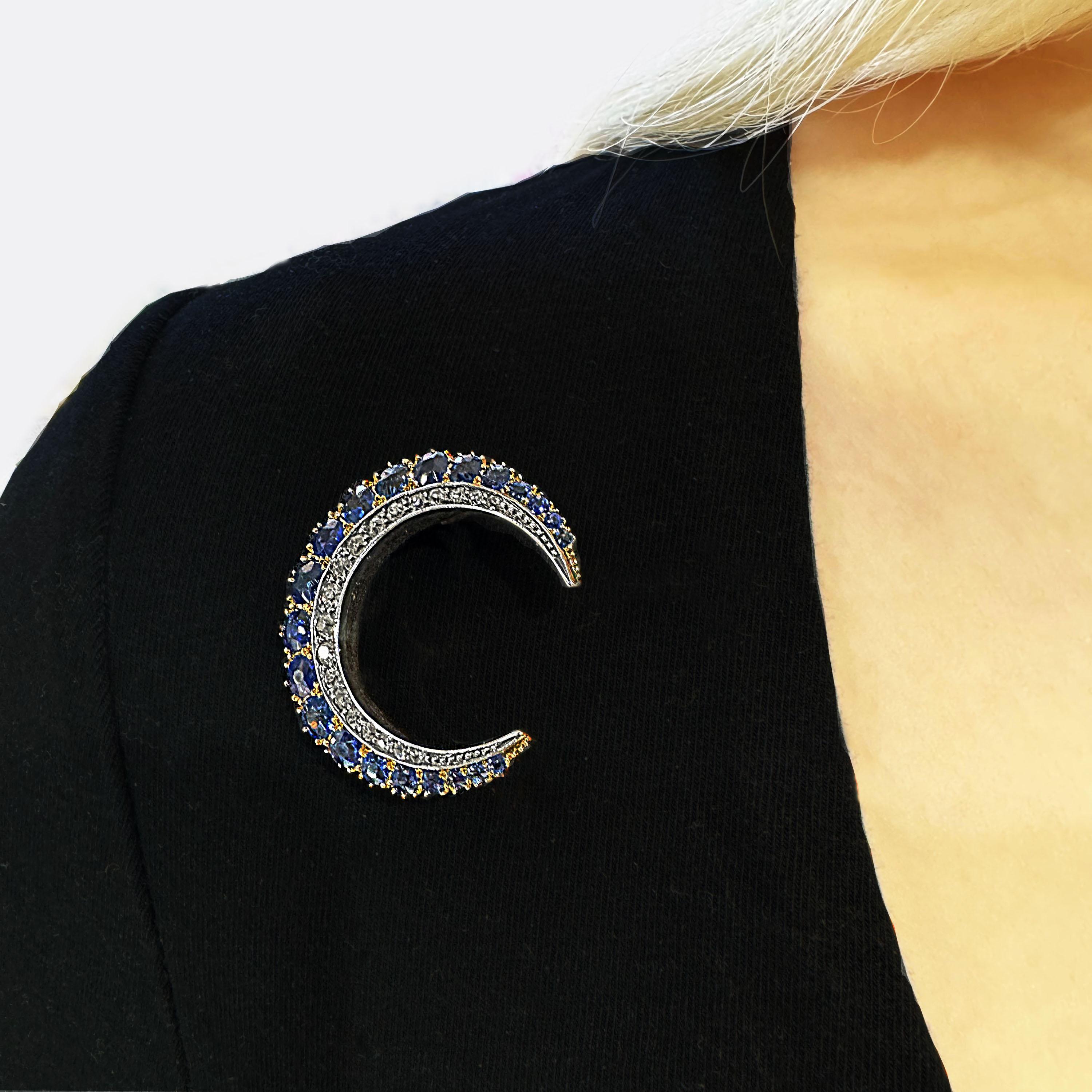 Antique Cushion Cut Antique Sapphire, Diamond, Gold And Silver Crescent Brooch, Circa 1900 For Sale