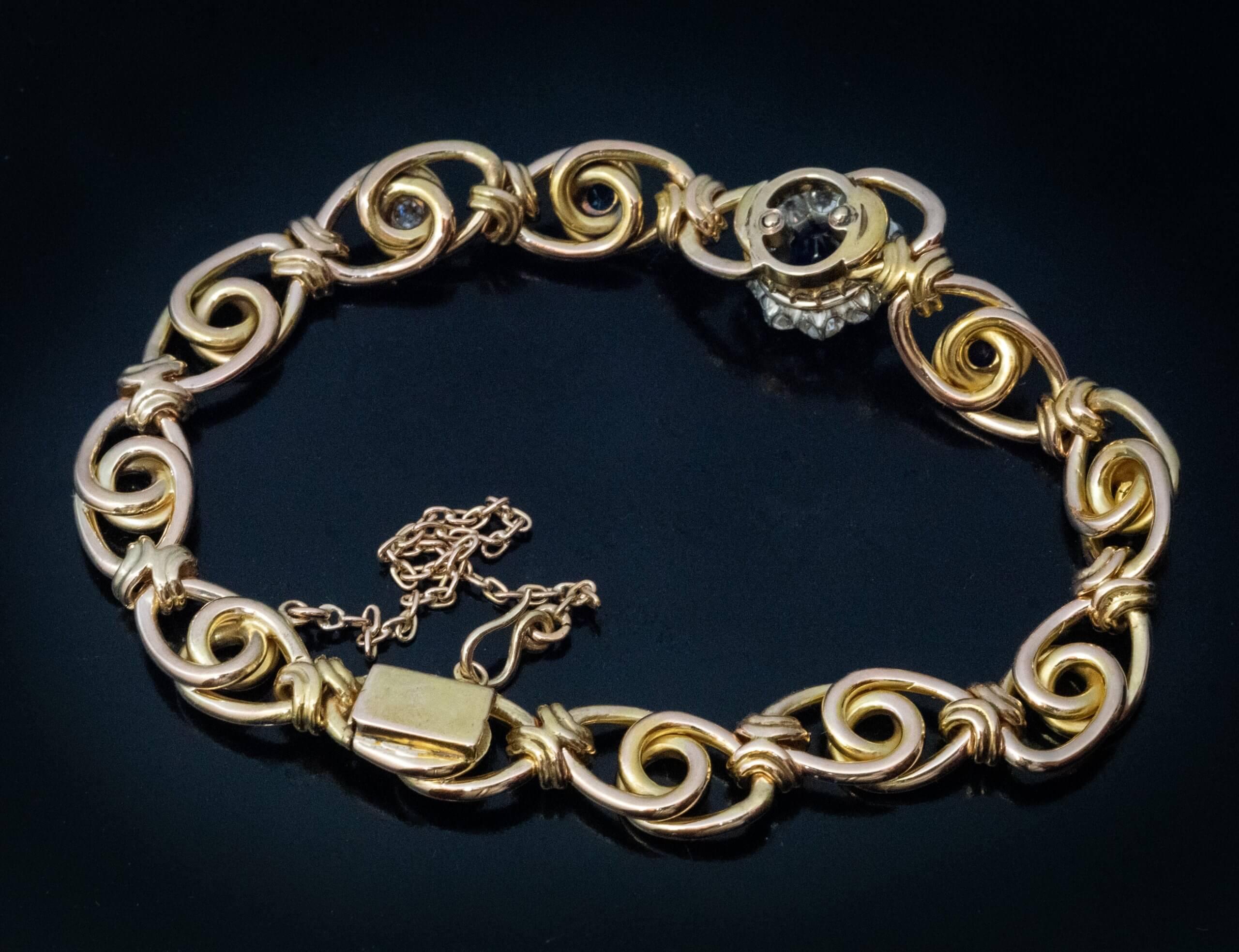 Victorian Antique Sapphire Diamond Gold Bracelet 1890s For Sale