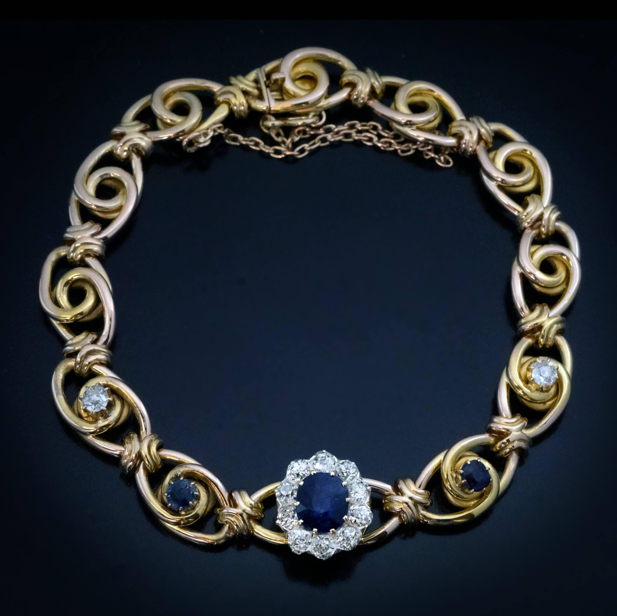 Taille vieille mine Bracelet ancien en or avec saphirs et diamants, années 1890 en vente