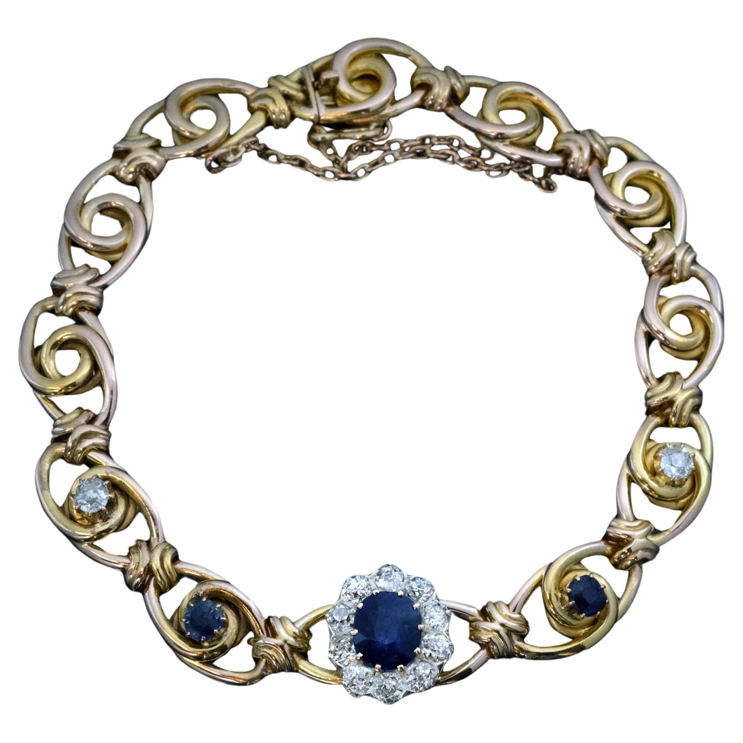 Antique Sapphire Diamond Gold Bracelet 1890s For Sale