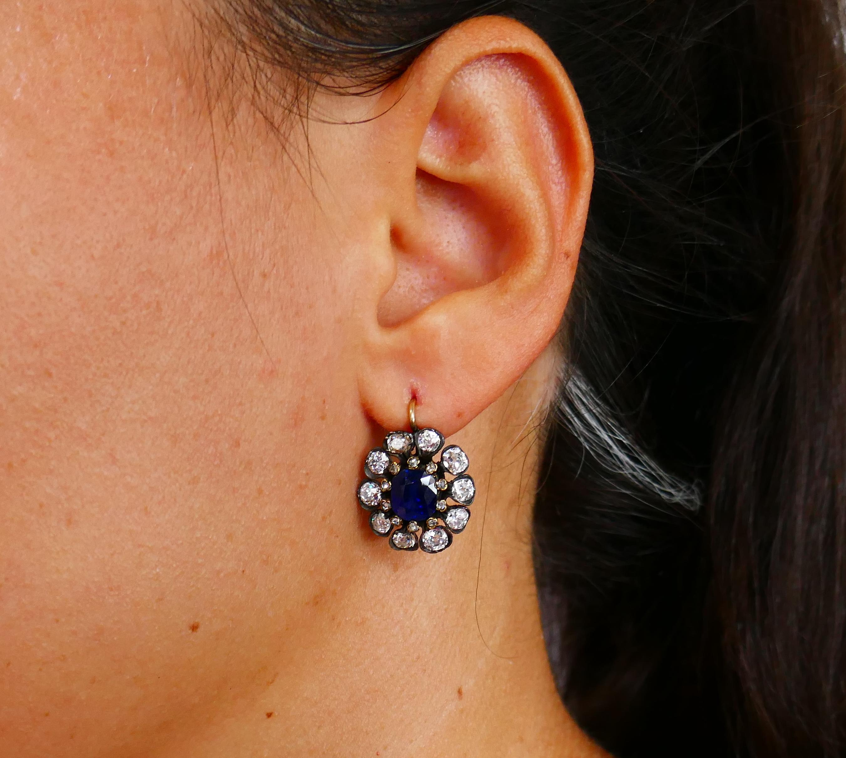 Mixed Cut Antique Sapphire Diamond Gold Cluster Earrings