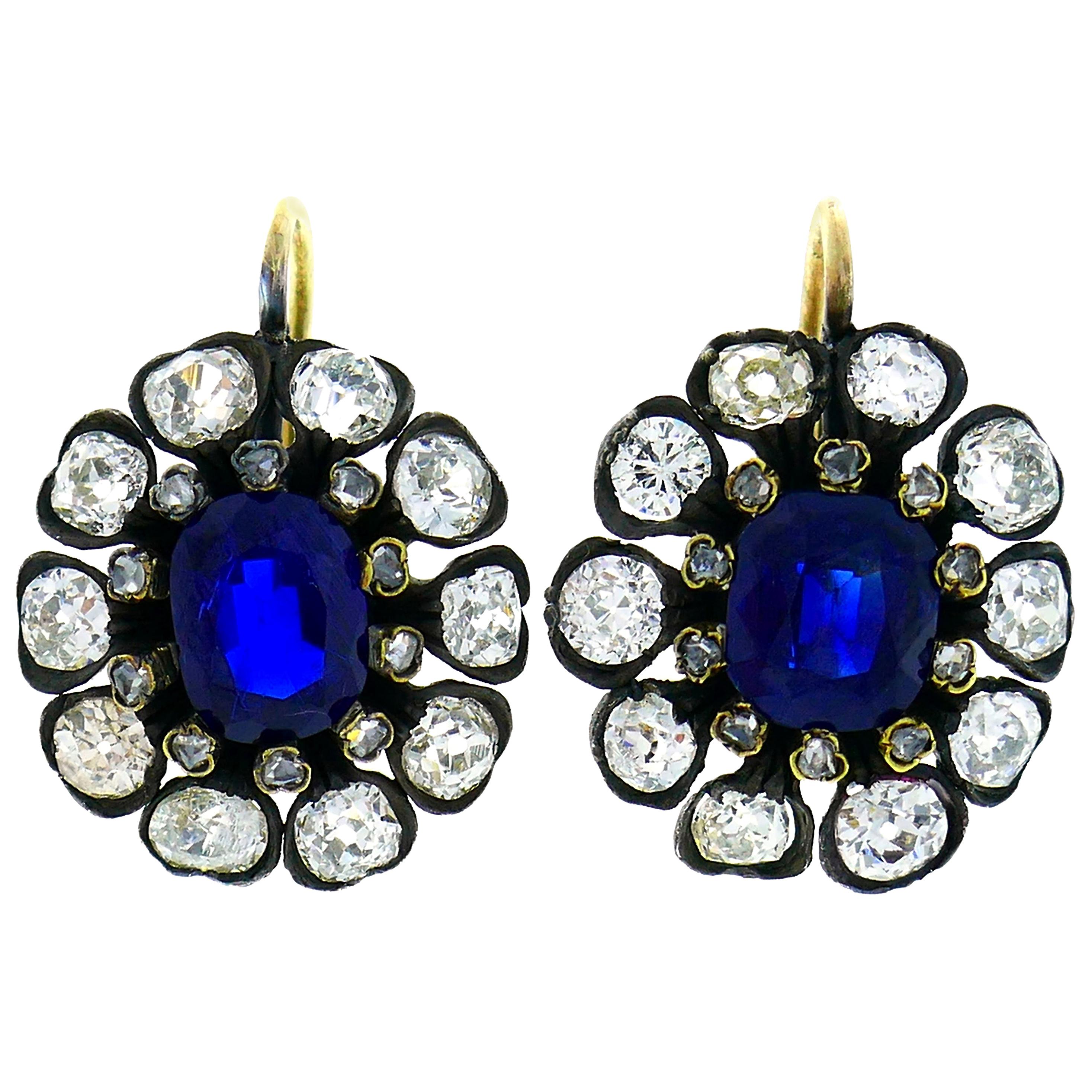 Antique Sapphire Diamond Gold Cluster Earrings