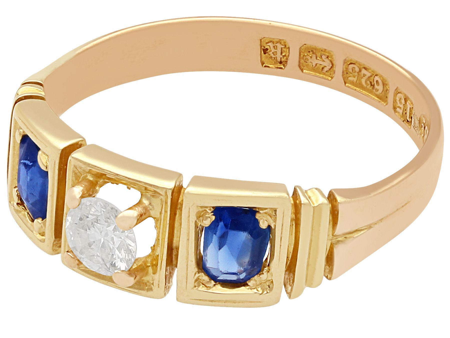 Round Cut Antique Sapphire and Diamond Gold Three-Stone Ring