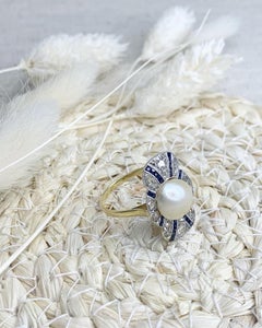 Antique Sapphire, Diamond & Pearl Cocktail Ring