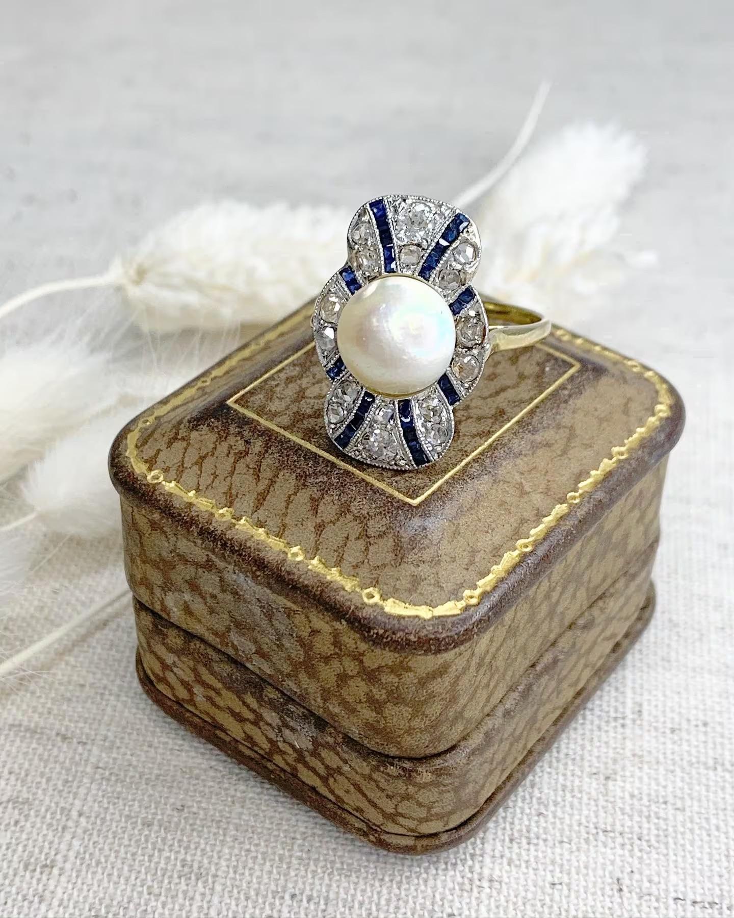 Edwardian Antique Sapphire, Diamond & Pearl Cocktail Ring For Sale
