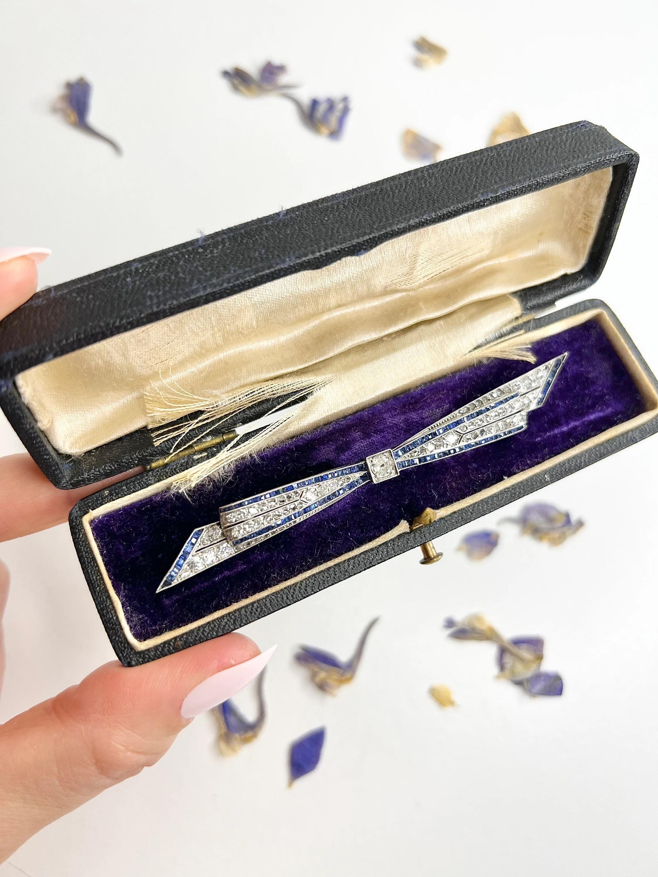 Antique Sapphire & Diamond Platinum Bow Brooch For Sale 5