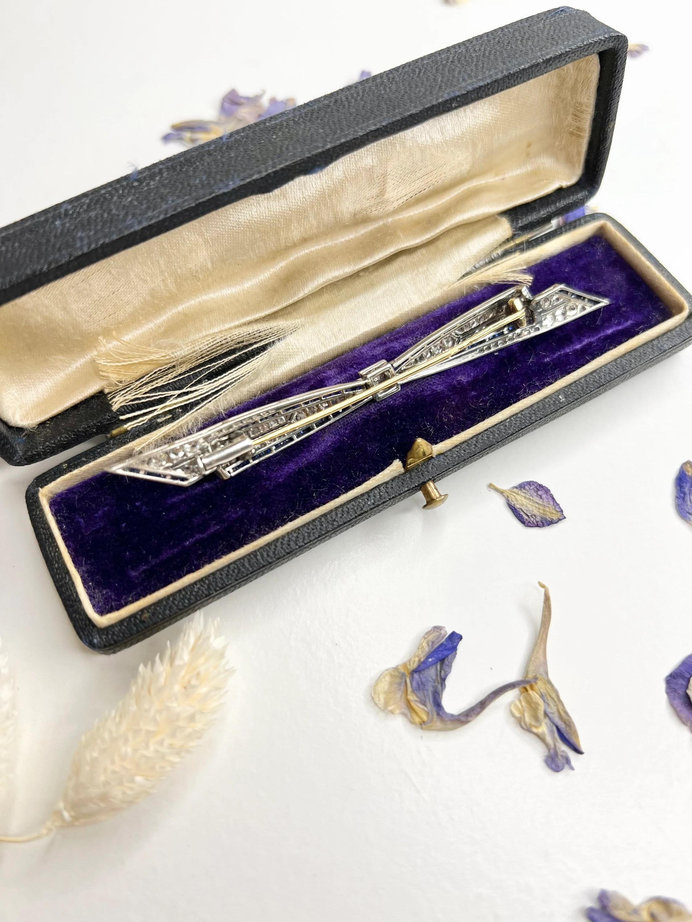 Antique Sapphire & Diamond Platinum Bow Brooch For Sale 1
