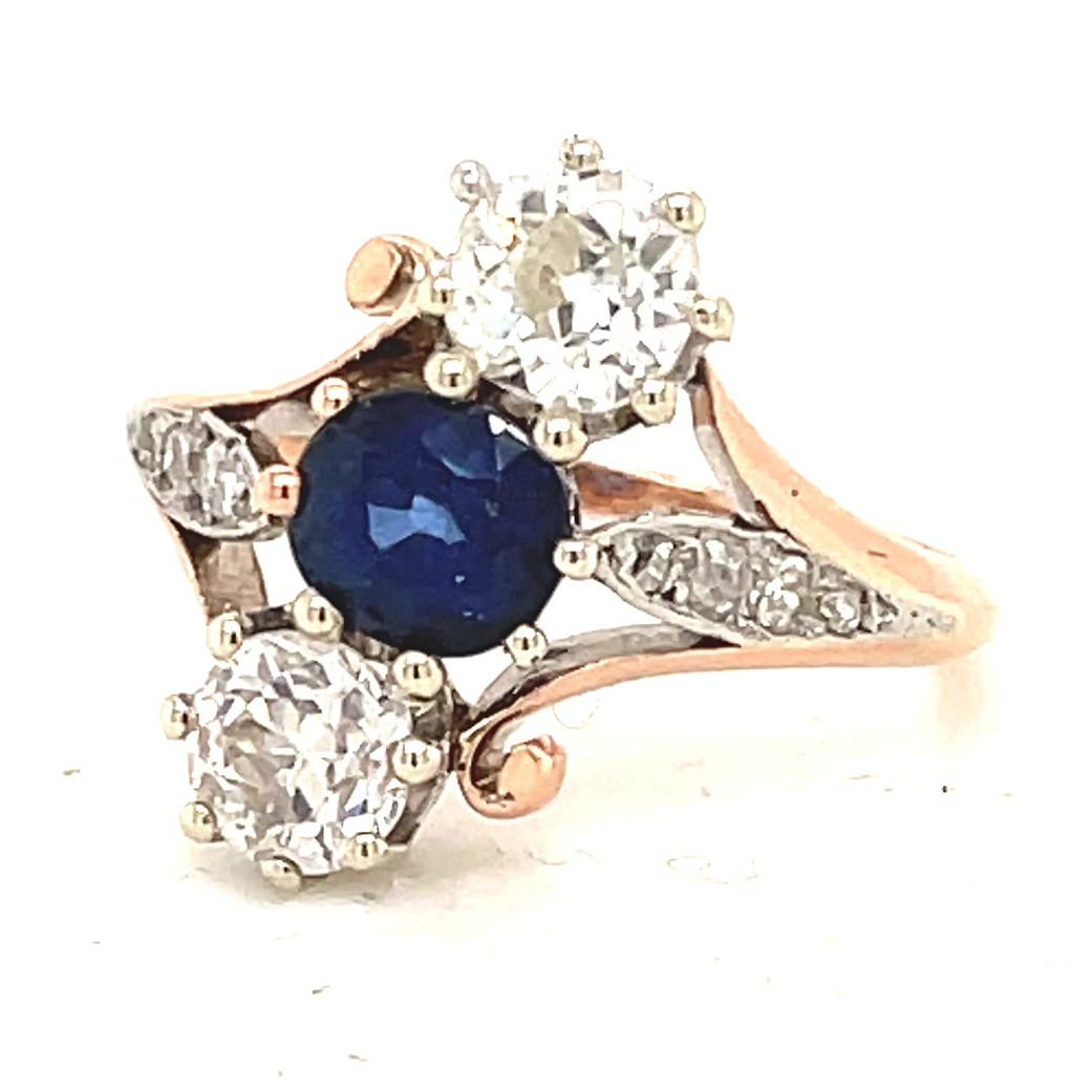 Round Cut Antique Sapphire Diamond Platinum Rose Gold Ring