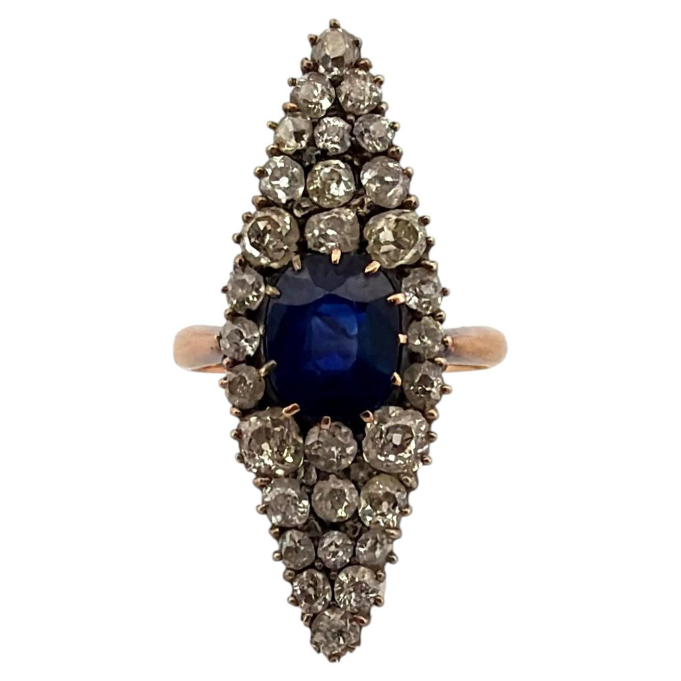 Antique Sapphire & Diamond Ring 2CT Sapphire 2.00CTW Diamonds Silver & 14K For Sale