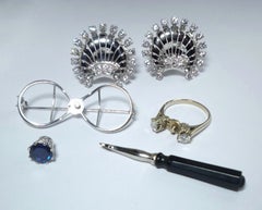 Antique Sapphire Diamond Ring and Double Brooch Set