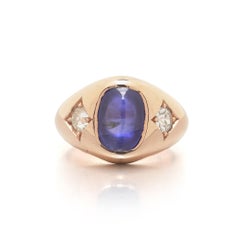Antique Sapphire & Diamond Ring, Cabochon Sapphire, 18KT Rose Gold