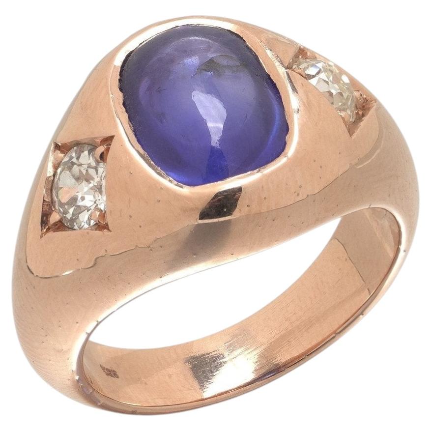Antique Sapphire & Diamond Ring, Cabochon Sapphire, 18KT Rose Gold