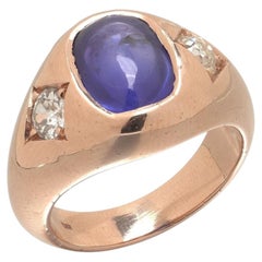 Antiker Saphir- und Diamantring, Saphir im Cabochon-Schliff, 18-karätiges Roségold
