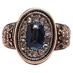 Antique 1.25 Carat Sapphire Diamond 14 Karat Rose Gold Black Enamel Ring