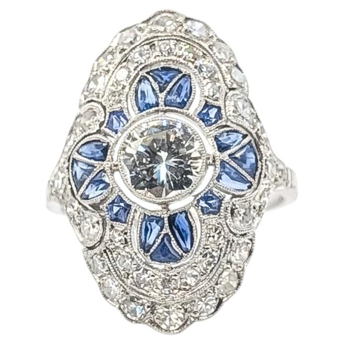 Antique Sapphire & Diamond Shield Ring in Platinum