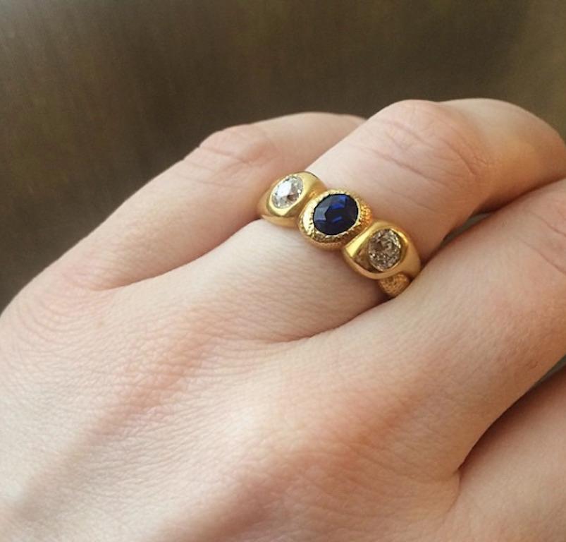 Victorian Antique Gold, Sapphire, and Diamond Three-Stone Gypsy Ring
