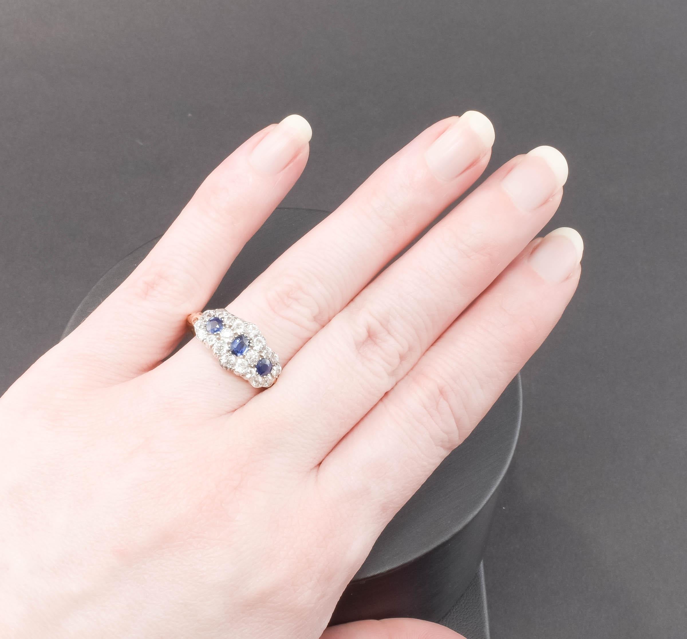 Antique Sapphire Diamond Triple Flower Ring with Old European Cut Diamonds For Sale 5