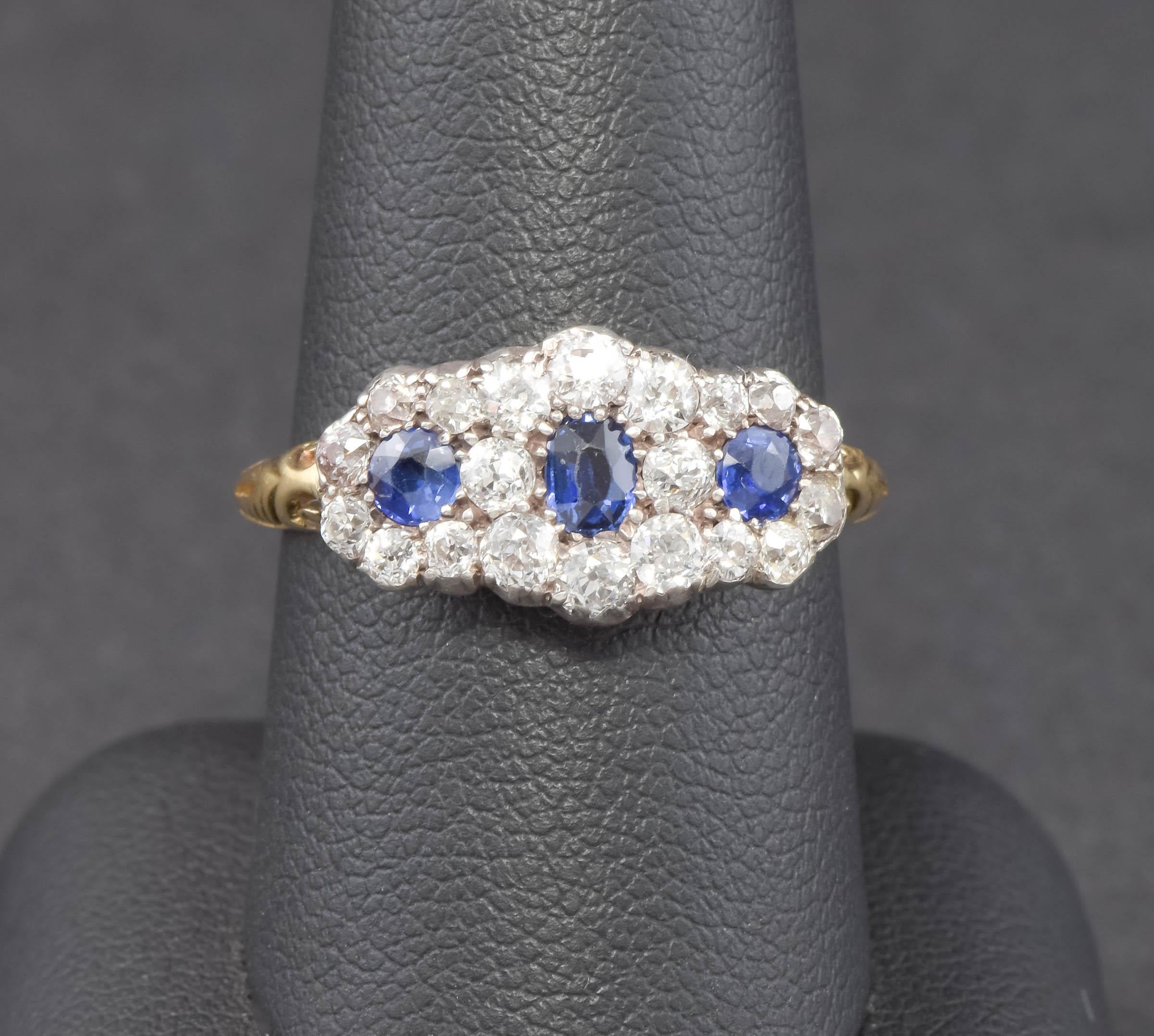 Antique Sapphire Diamond Triple Flower Ring with Old European Cut Diamonds For Sale 8