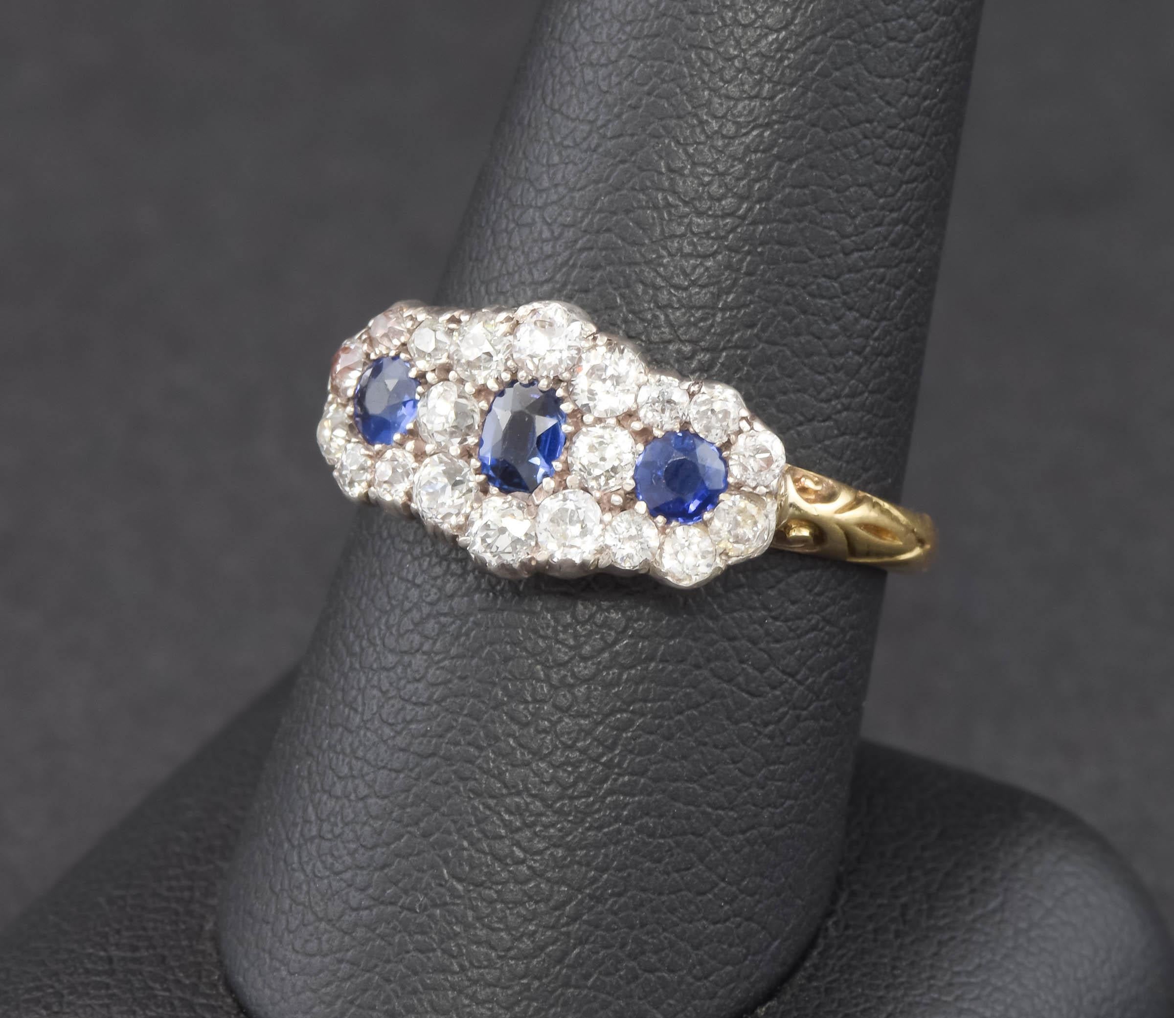 Antique Sapphire Diamond Triple Flower Ring with Old European Cut Diamonds For Sale 9