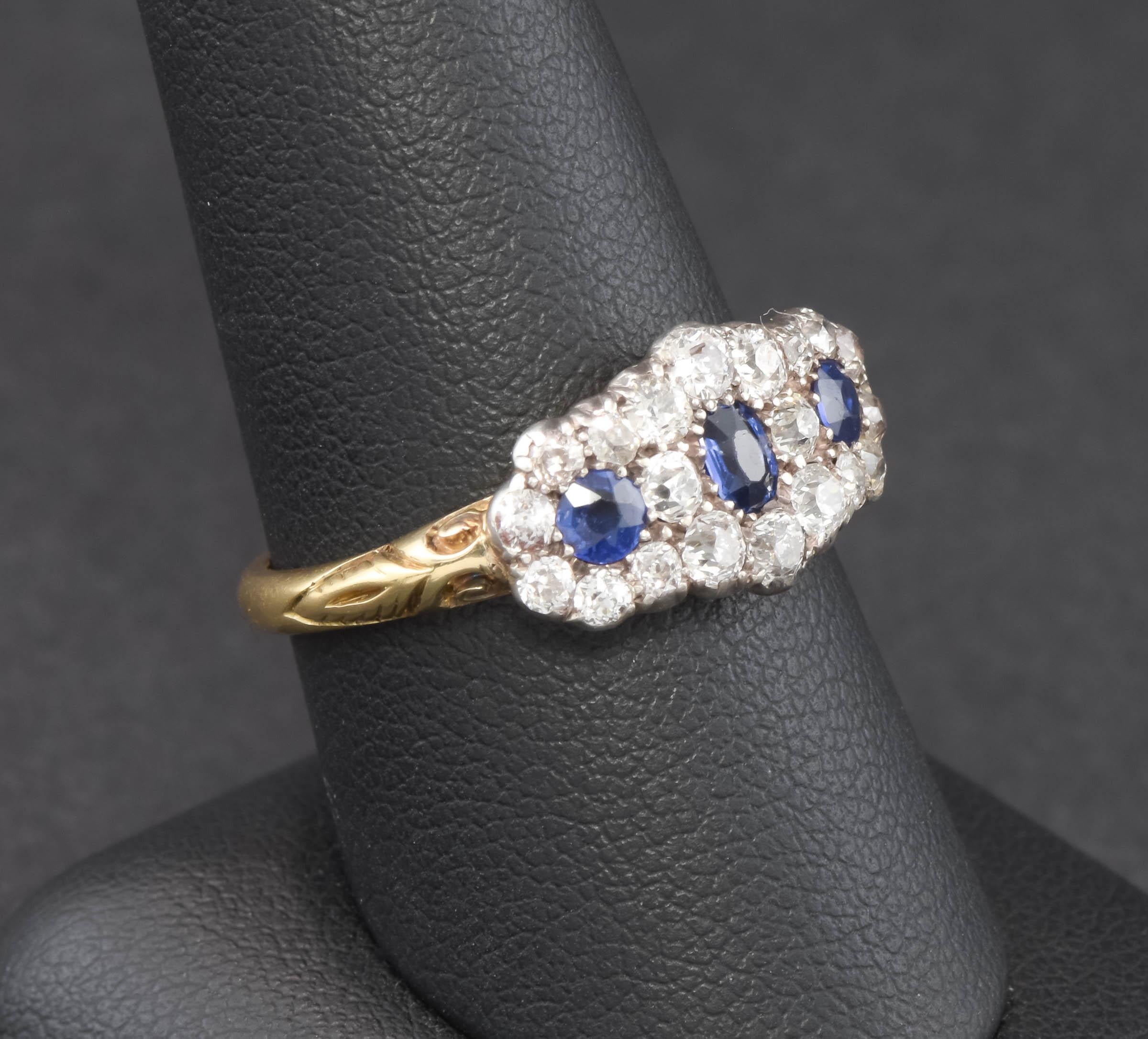 Antique Sapphire Diamond Triple Flower Ring with Old European Cut Diamonds For Sale 10