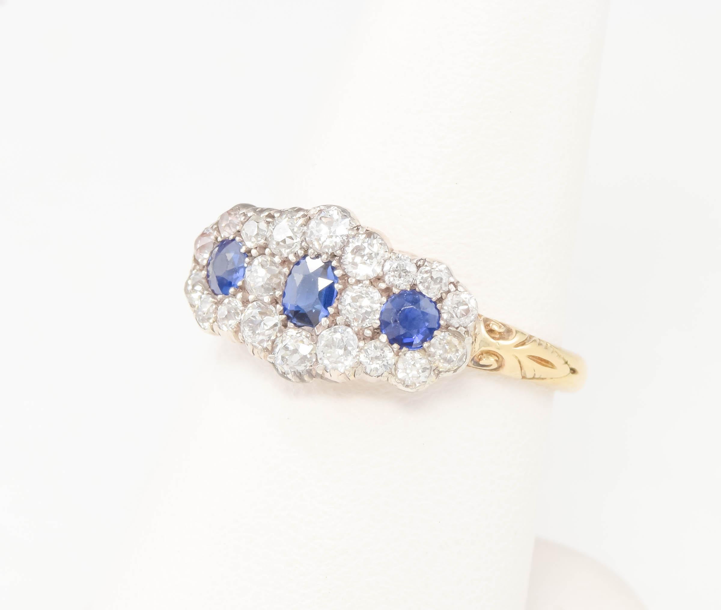 Antique Sapphire Diamond Triple Flower Ring with Old European Cut Diamonds For Sale 11