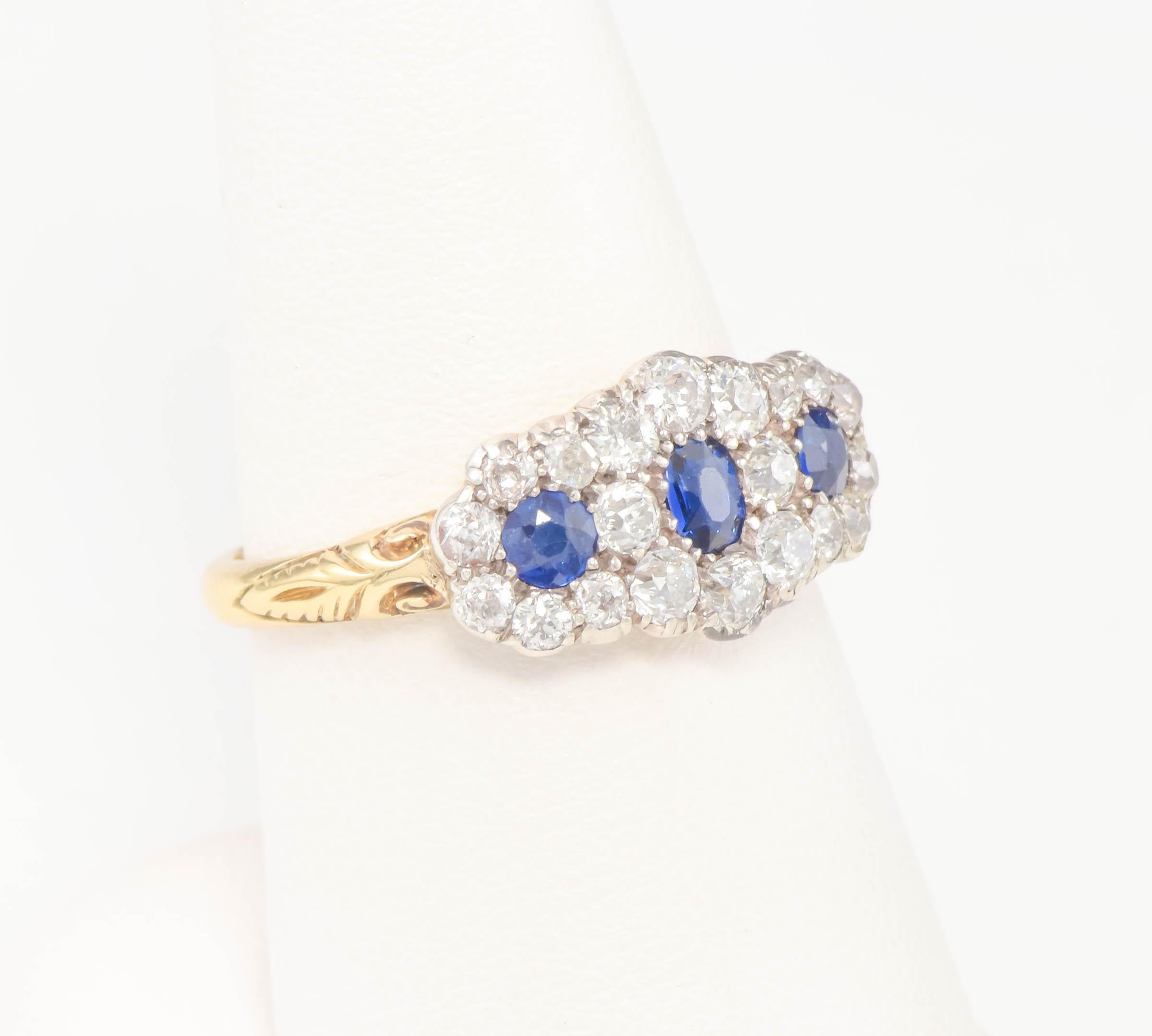 Antique Sapphire Diamond Triple Flower Ring with Old European Cut Diamonds For Sale 12