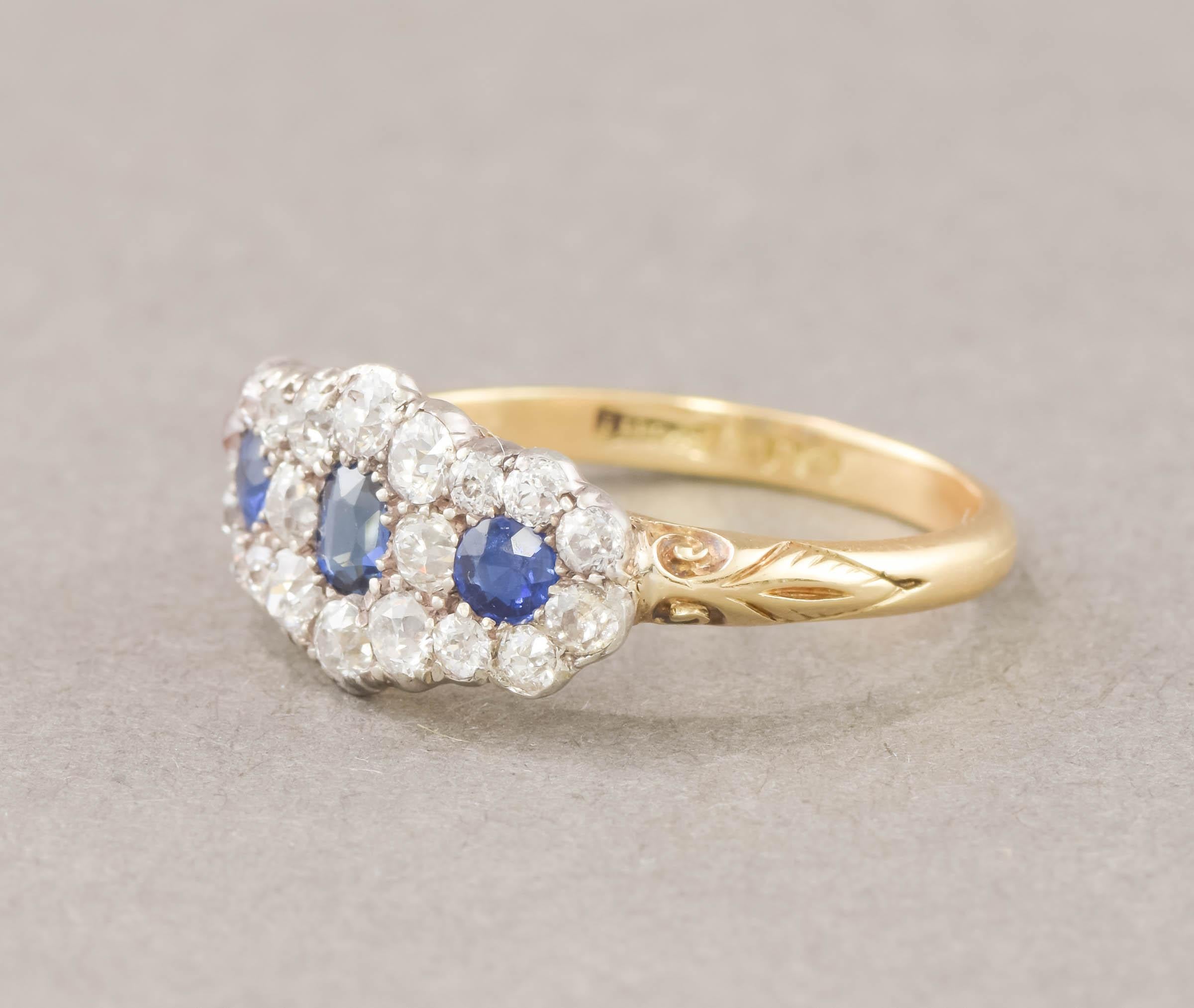 Victorian Antique Sapphire Diamond Triple Flower Ring with Old European Cut Diamonds For Sale