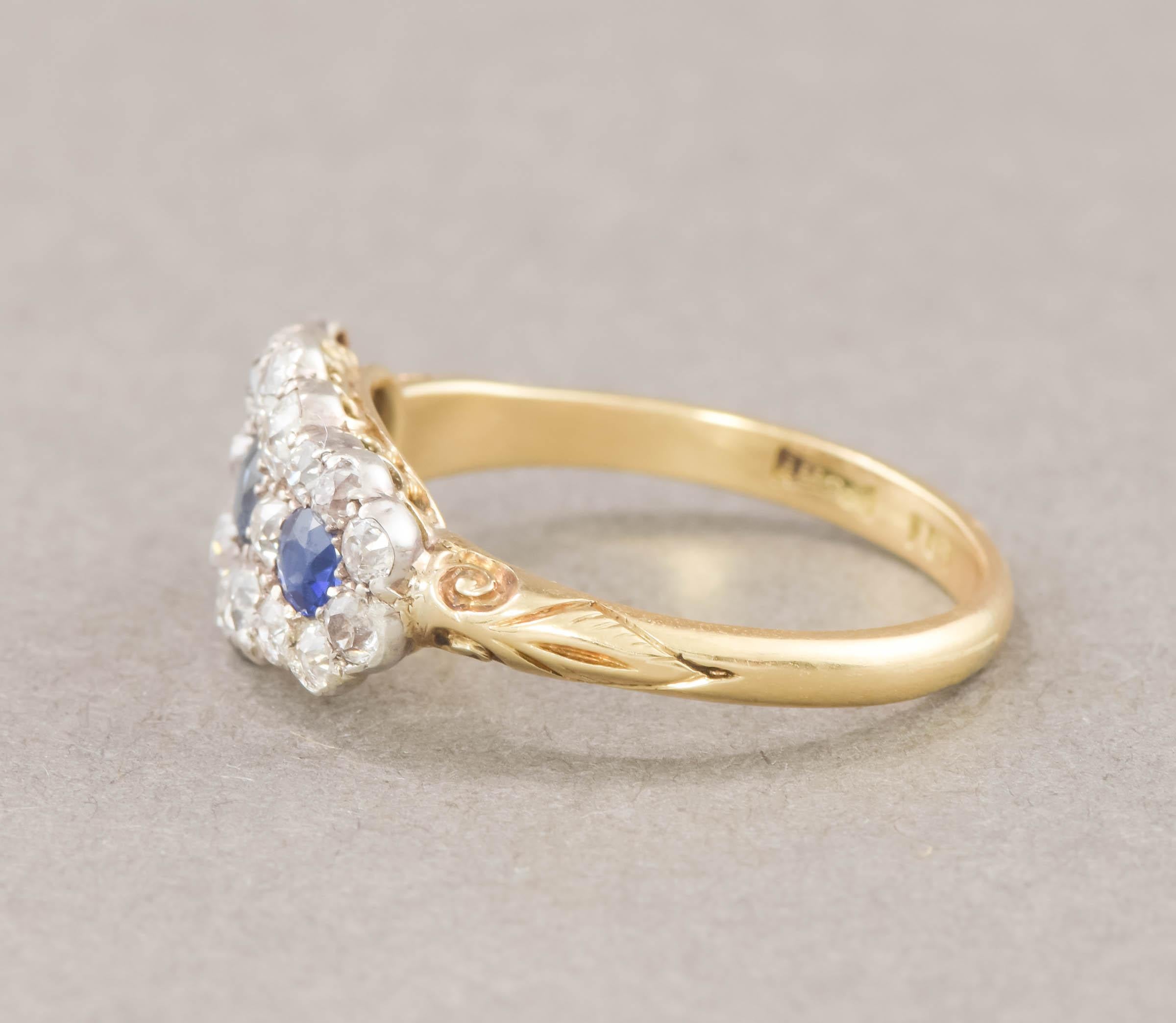 Antique Sapphire Diamond Triple Flower Ring with Old European Cut Diamonds In Good Condition For Sale In Danvers, MA