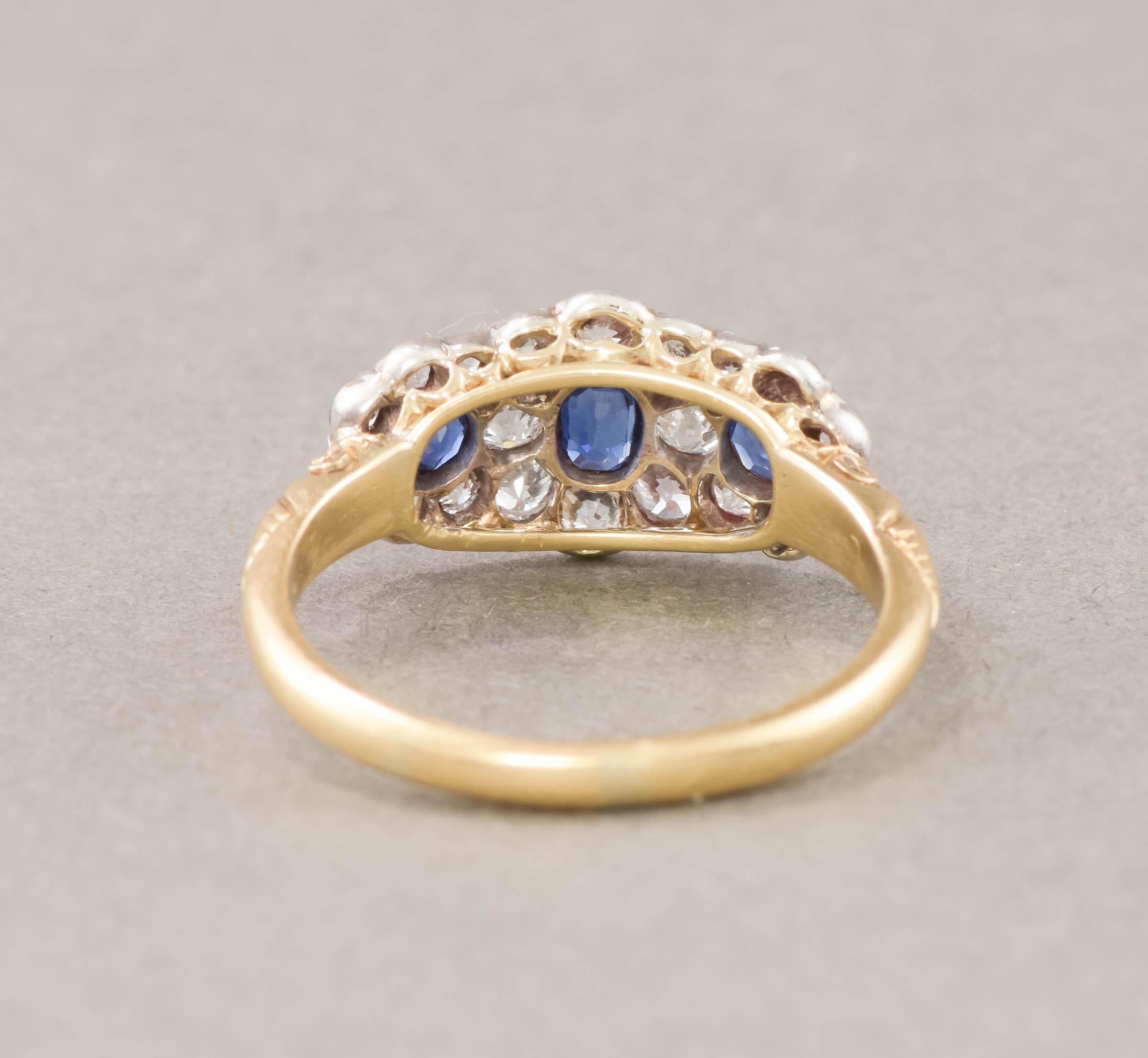 Women's Antique Sapphire Diamond Triple Flower Ring with Old European Cut Diamonds For Sale