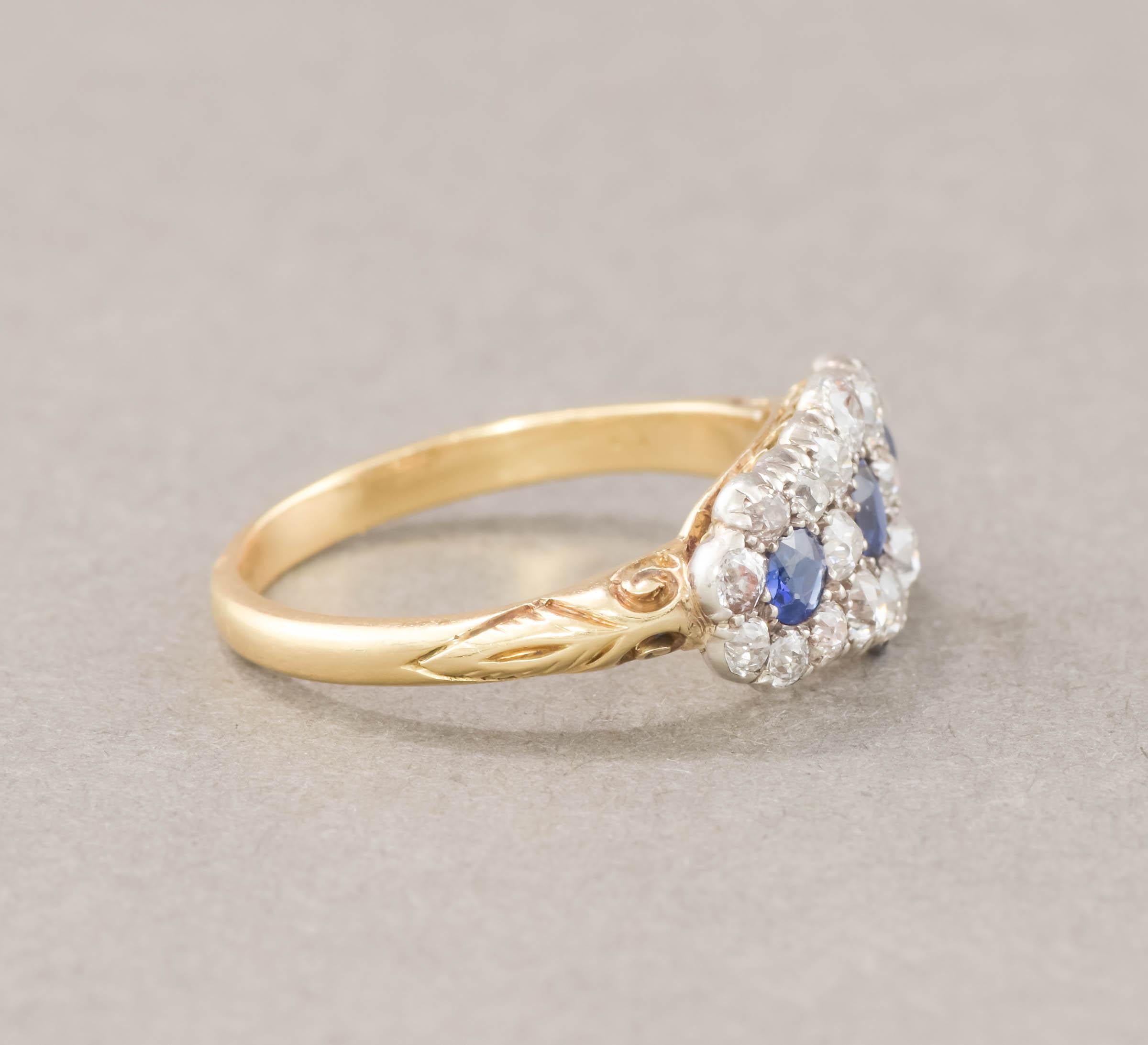 Antique Sapphire Diamond Triple Flower Ring with Old European Cut Diamonds For Sale 1