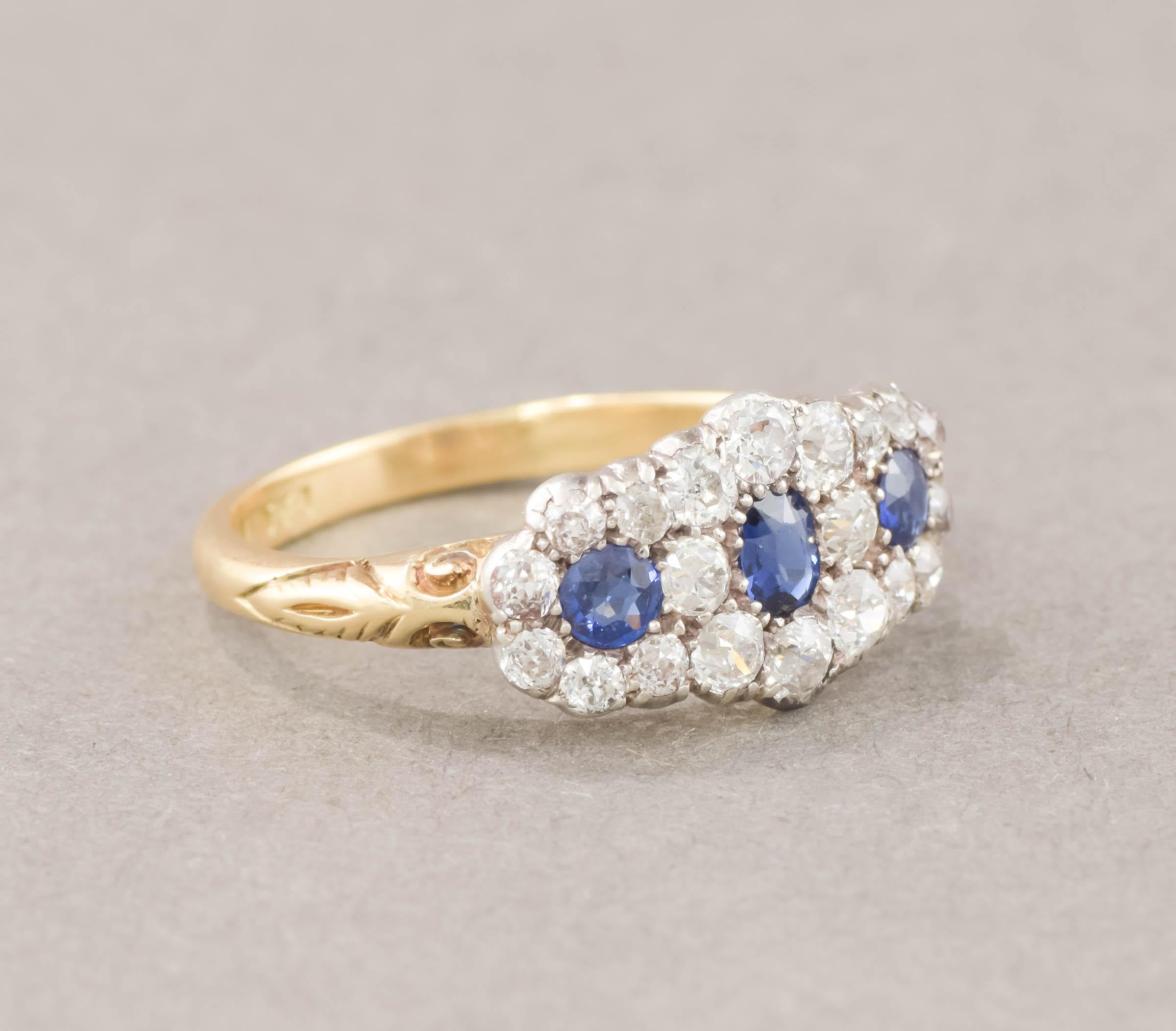 Antique Sapphire Diamond Triple Flower Ring with Old European Cut Diamonds For Sale 2