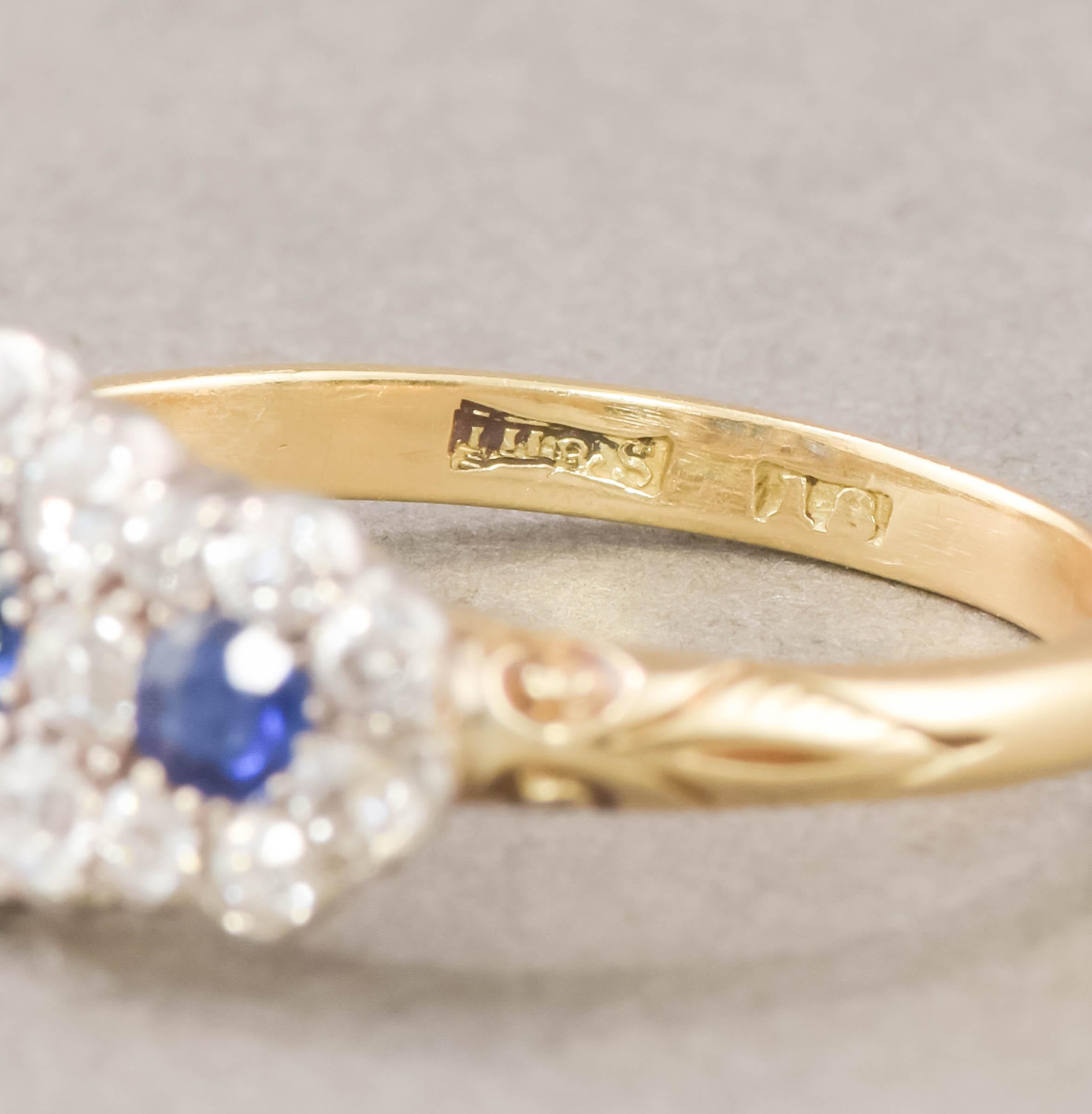 Antique Sapphire Diamond Triple Flower Ring with Old European Cut Diamonds For Sale 3