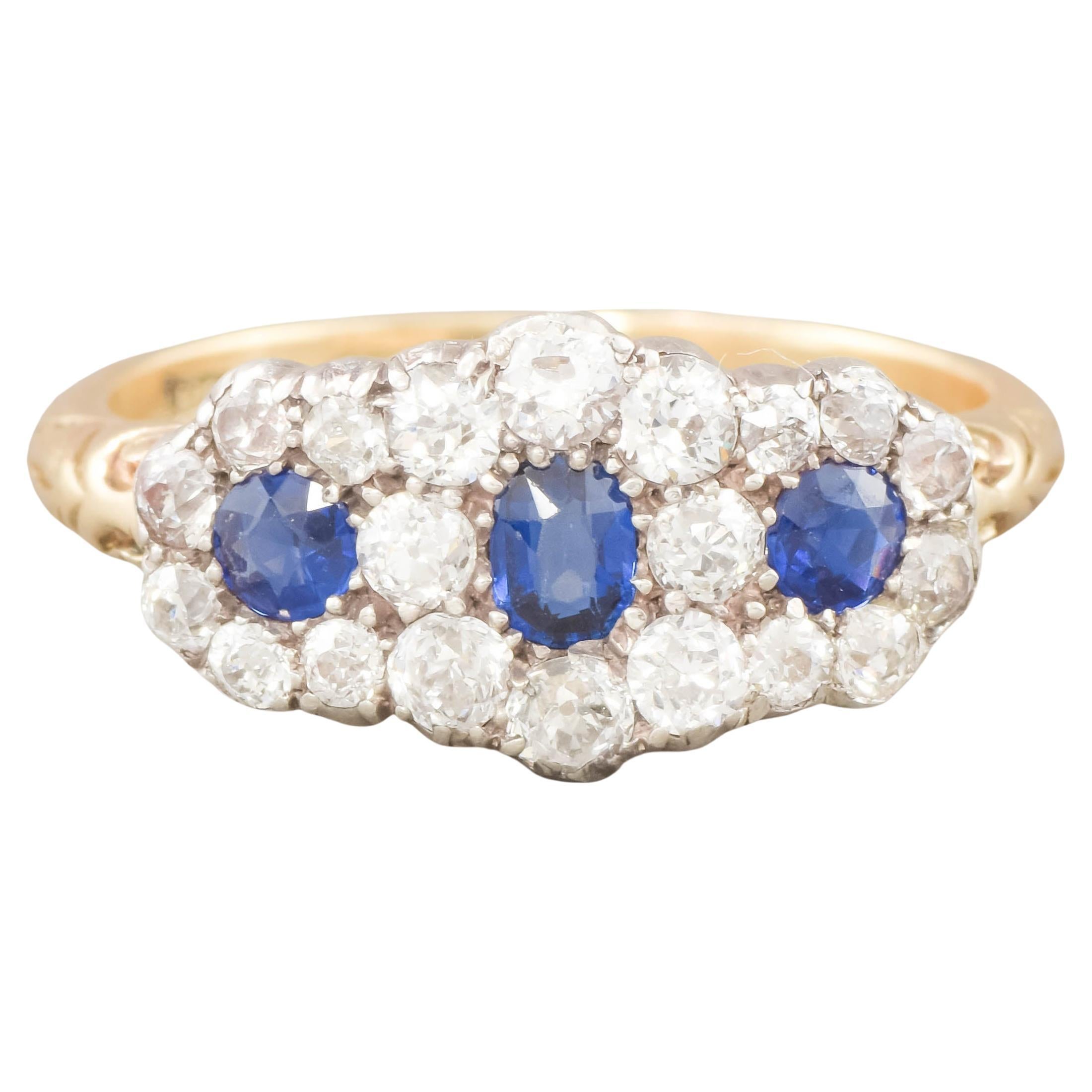 Antique Sapphire Diamond Triple Flower Ring with Old European Cut Diamonds For Sale