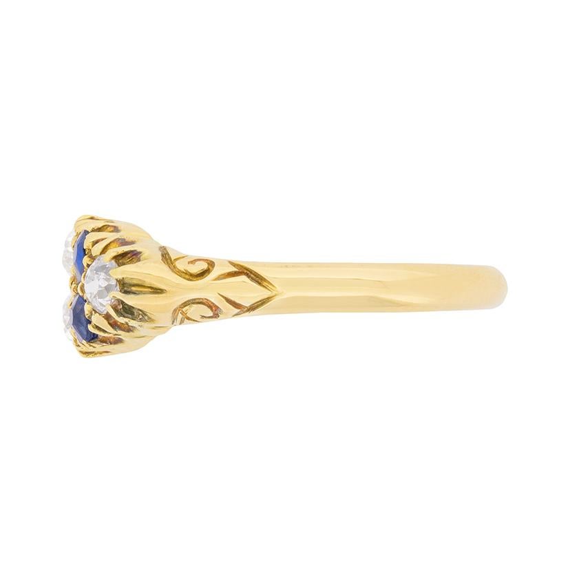 Old Mine Cut Antique Sapphire Diamond Yellow Gold Cluster Ring, circa 1920s For Sale