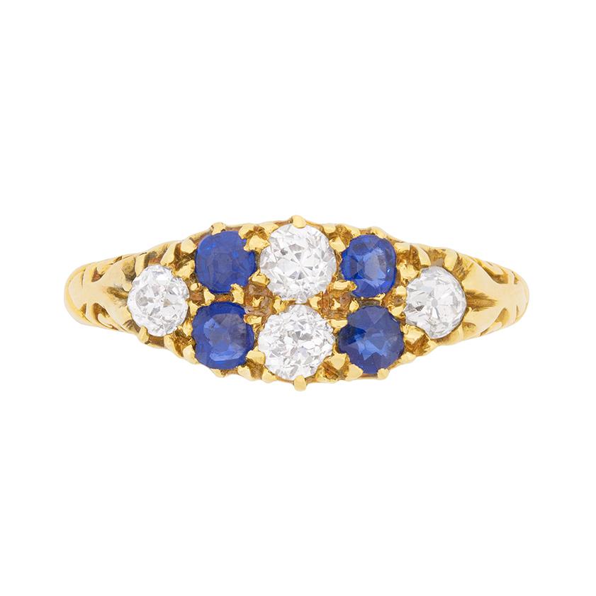 Antique Sapphire Diamond Yellow Gold Cluster Ring, circa 1920s For Sale