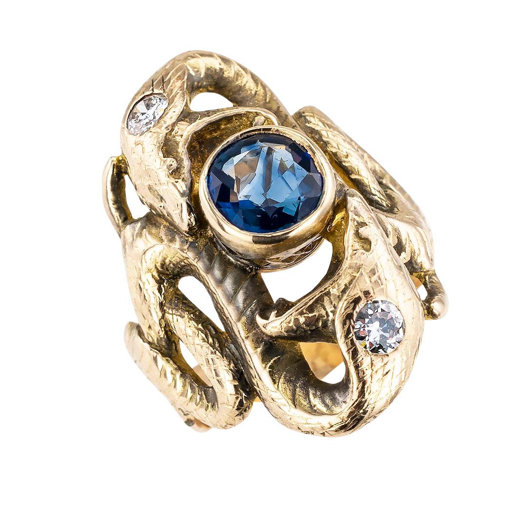 Antique blue sapphire diamond and yellow gold double snake ring circa 1900.  Love it because it caught your eye, and we are here to connect you with beautiful and affordable jewelry.  It is time to claim a reward for Yourself!  Simple and concise