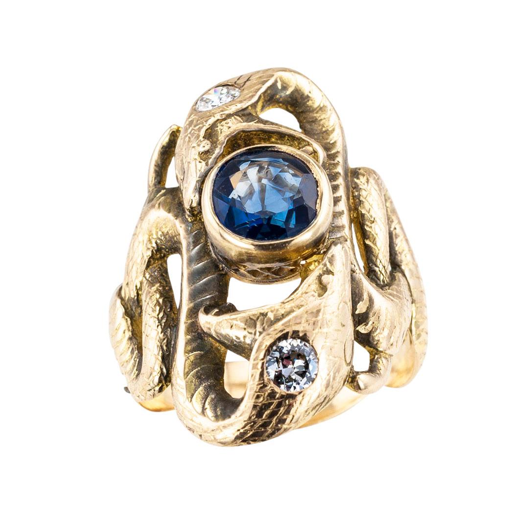 Victorian Antique Sapphire Diamond Yellow Gold Double Snake Ring
