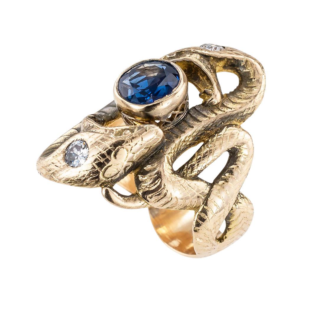 Round Cut Antique Sapphire Diamond Yellow Gold Double Snake Ring