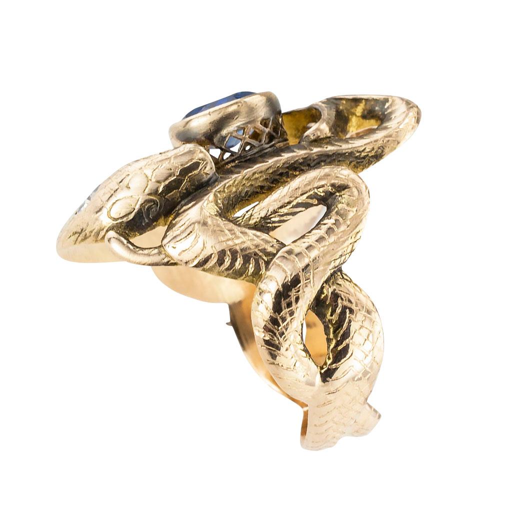 Antique Sapphire Diamond Yellow Gold Double Snake Ring In Good Condition In Los Angeles, CA