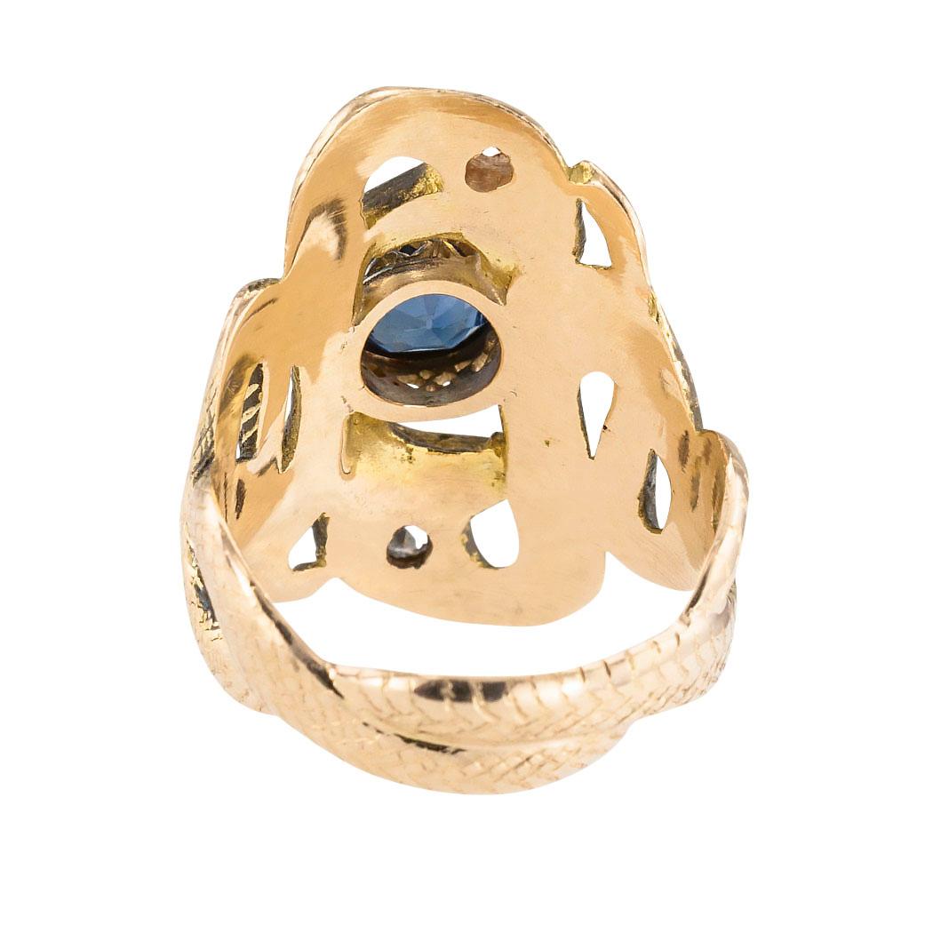 Women's or Men's Antique Sapphire Diamond Yellow Gold Double Snake Ring