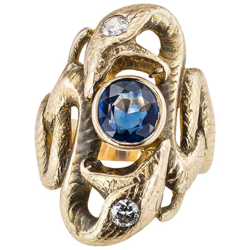 Antique Sapphire Diamond Yellow Gold Double Snake Ring
