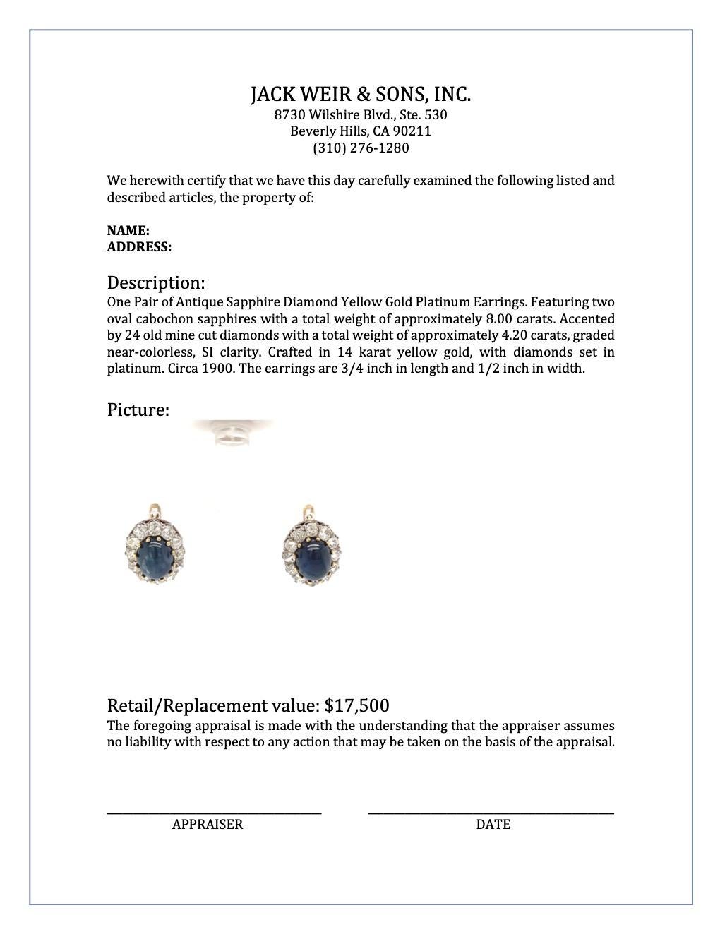 Antique Sapphire Diamond 14 Karat Yellow Gold Earrings 1