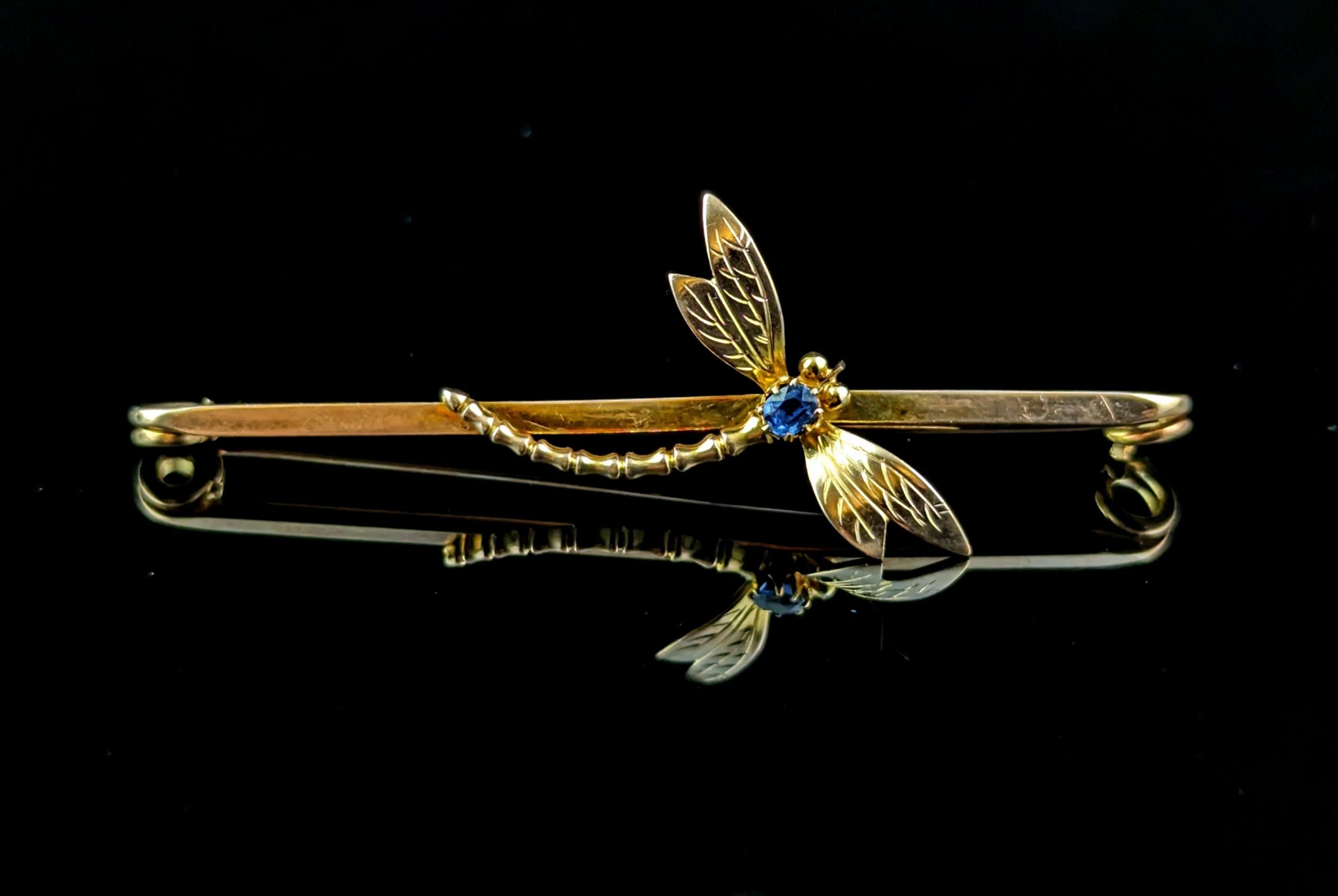 Antique Sapphire Dragonfly brooch, 9k yellow gold, Art Nouveau  5
