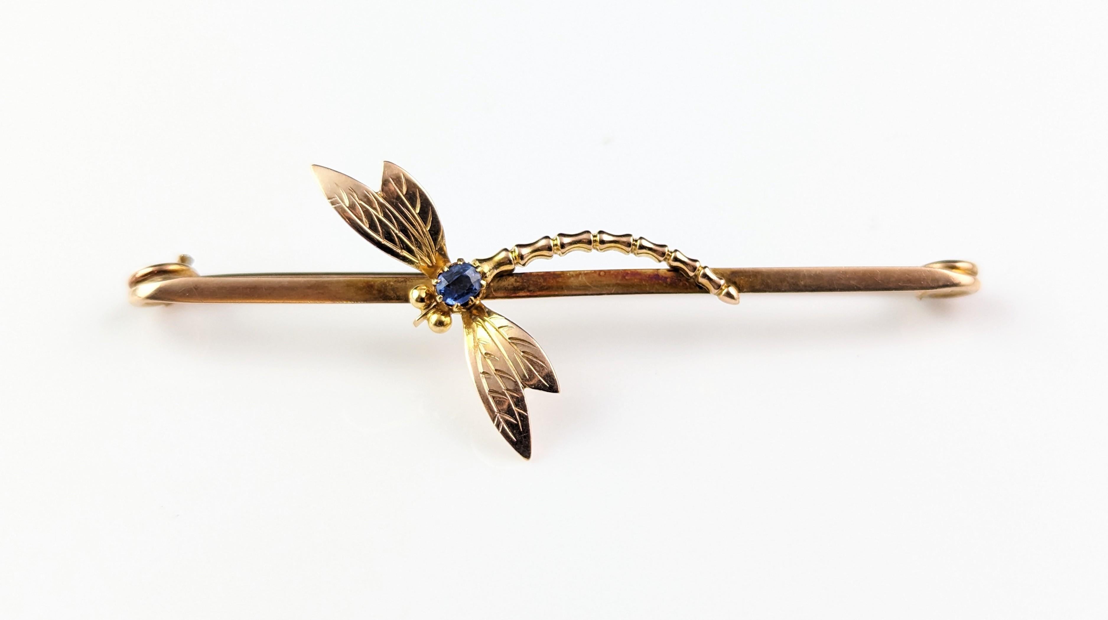 Antique Sapphire Dragonfly brooch, 9k yellow gold, Art Nouveau  7