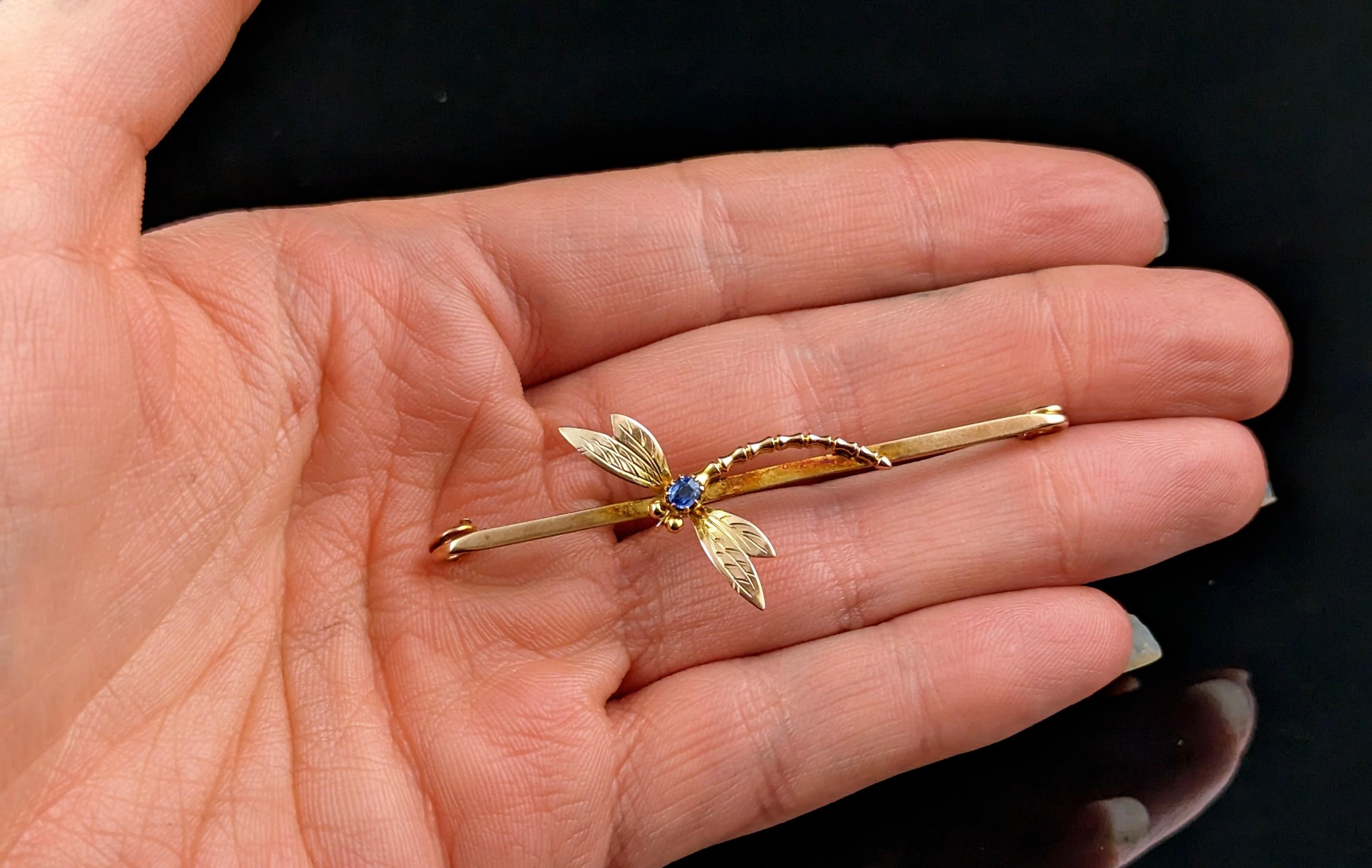Antique Sapphire Dragonfly brooch, 9k yellow gold, Art Nouveau  In Good Condition In NEWARK, GB