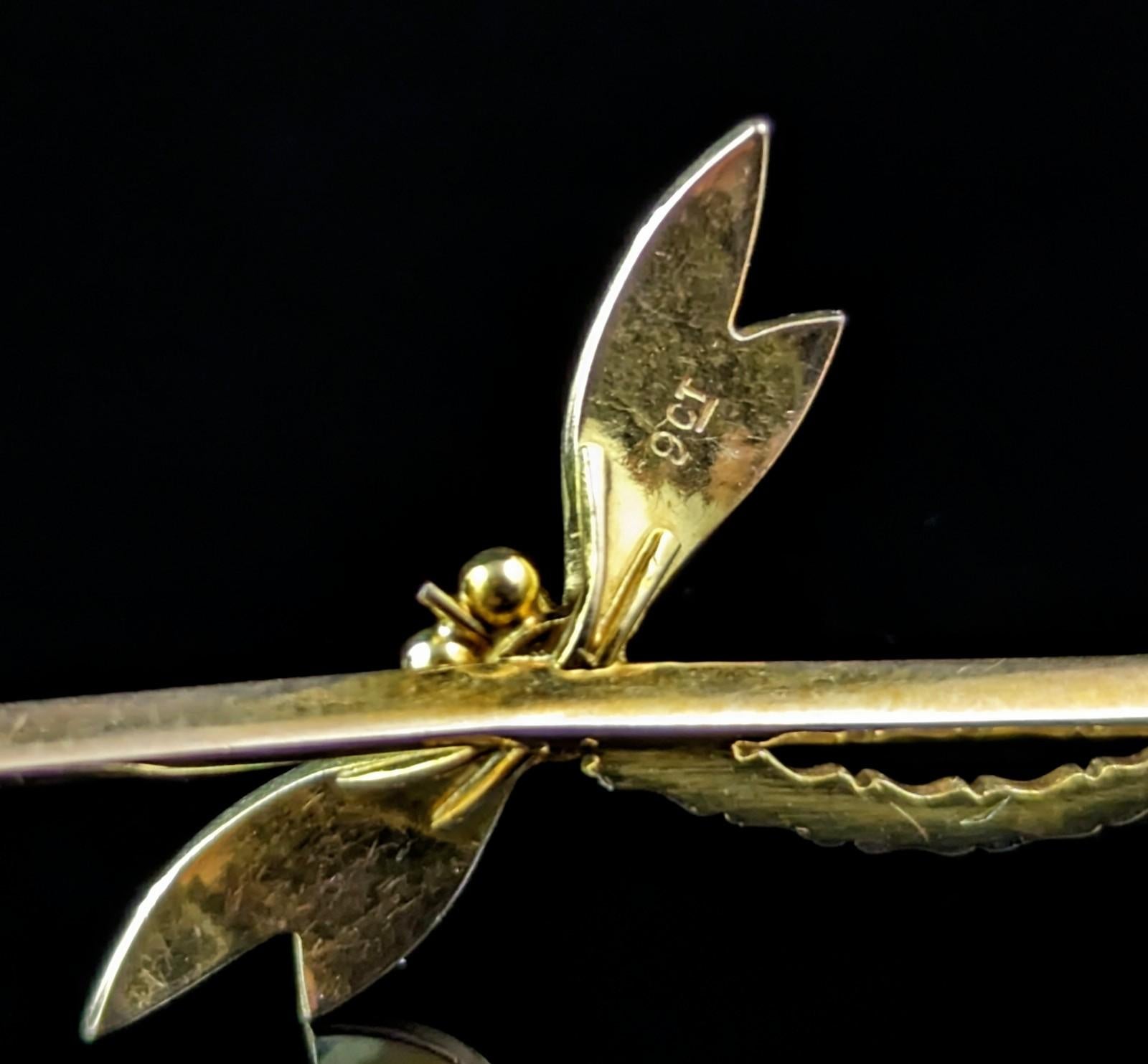 Women's or Men's Antique Sapphire Dragonfly brooch, 9k yellow gold, Art Nouveau 