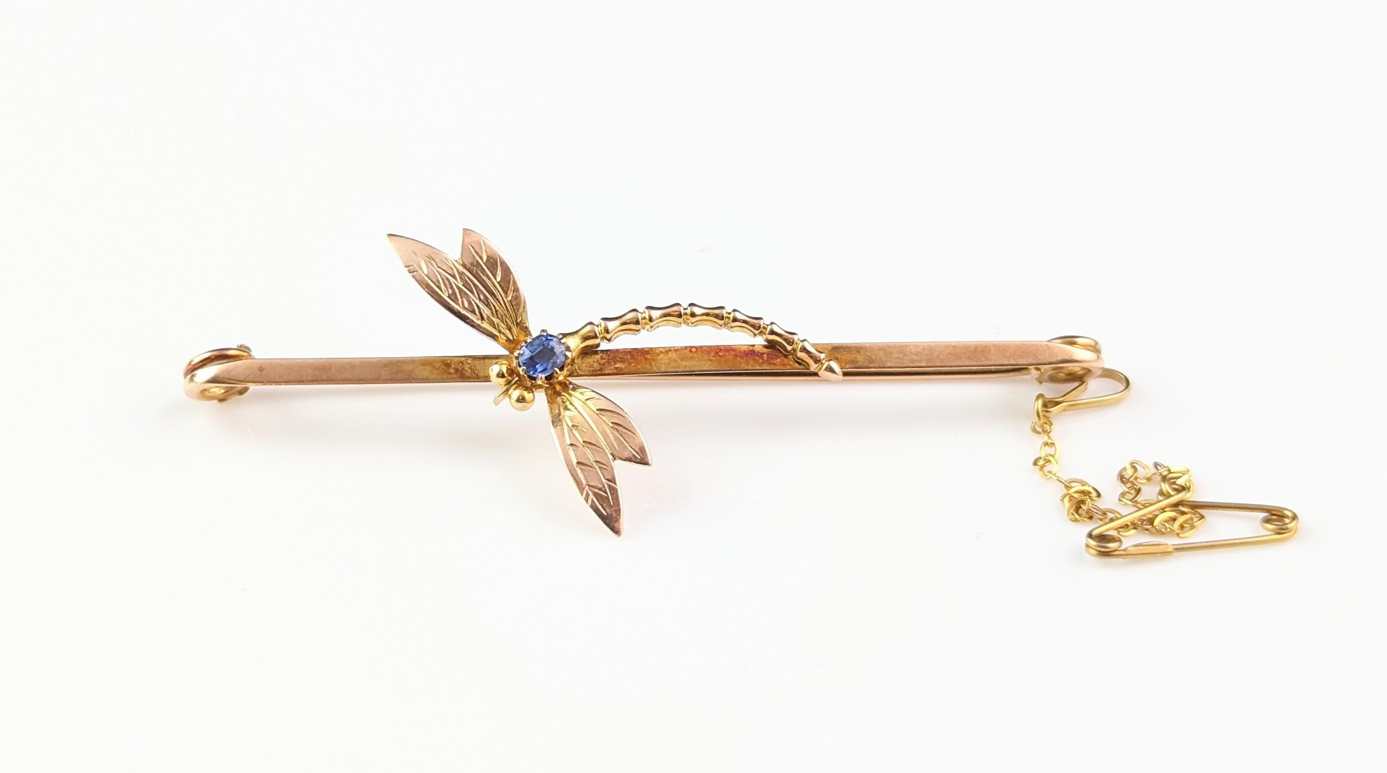 Antique Sapphire Dragonfly brooch, 9k yellow gold, Art Nouveau  4