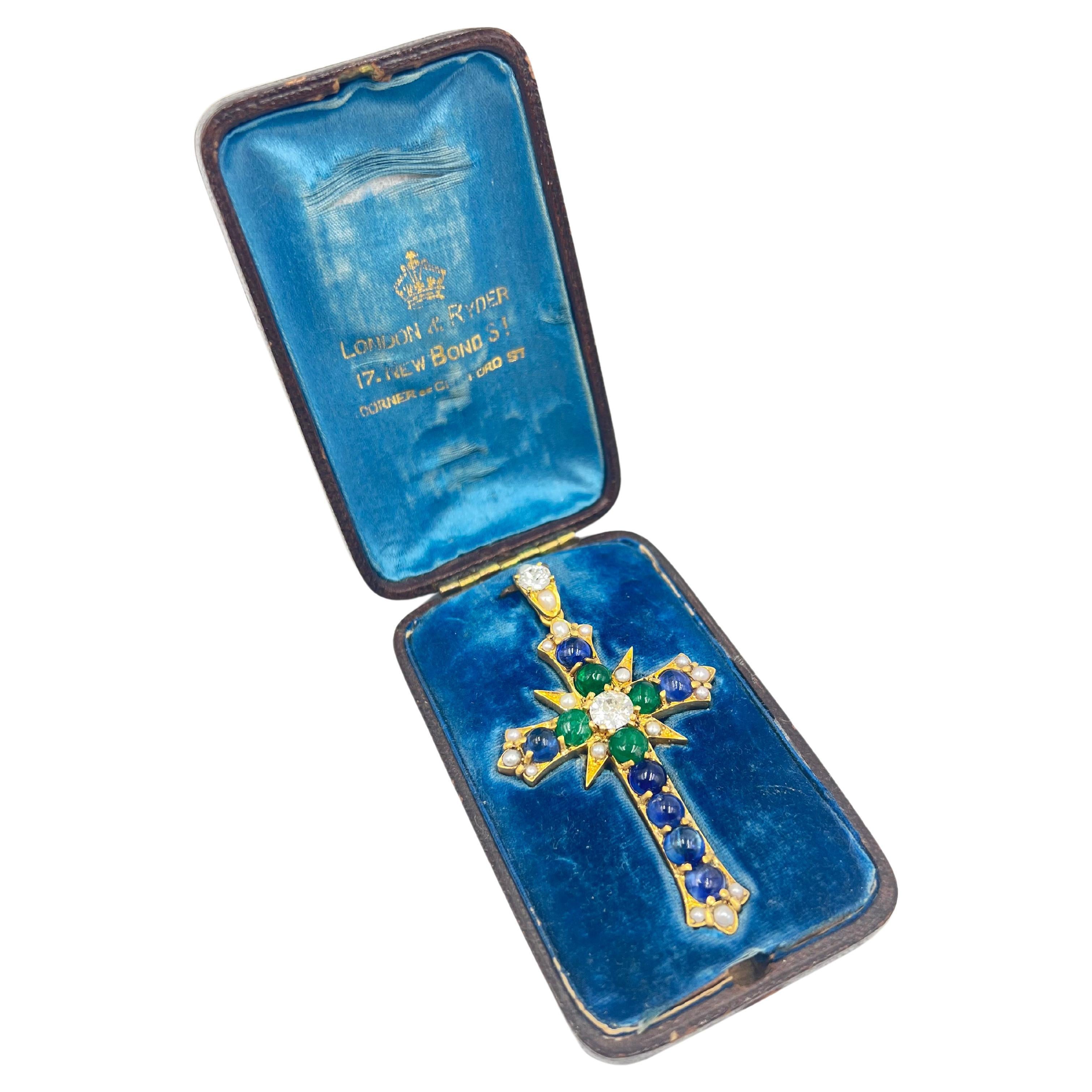 Antique Sapphire, Emerald and Diamond Cross Pendant In Good Condition In Palm Beach, FL